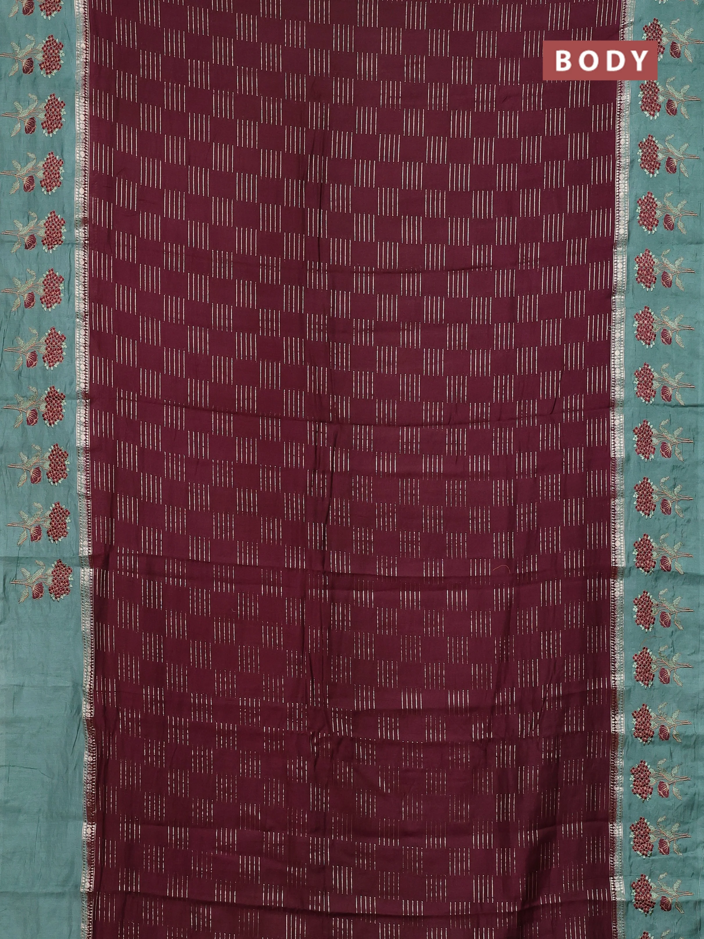 Semi chanderi saree deep maroon and pastel green with allover zari weaves and embroidery border - Image 2