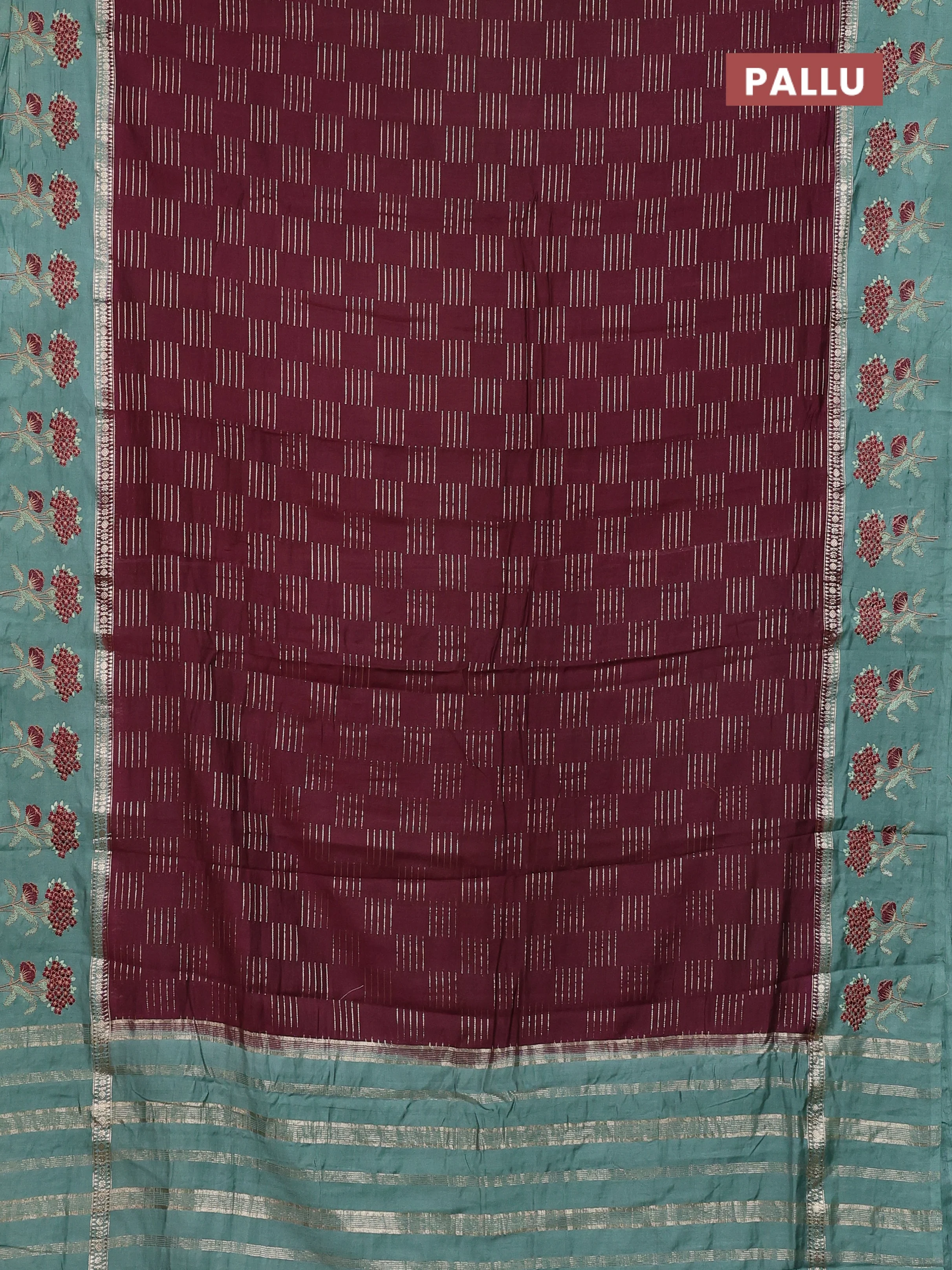 Semi chanderi saree deep maroon and pastel green with allover zari weaves and embroidery border - Image 3