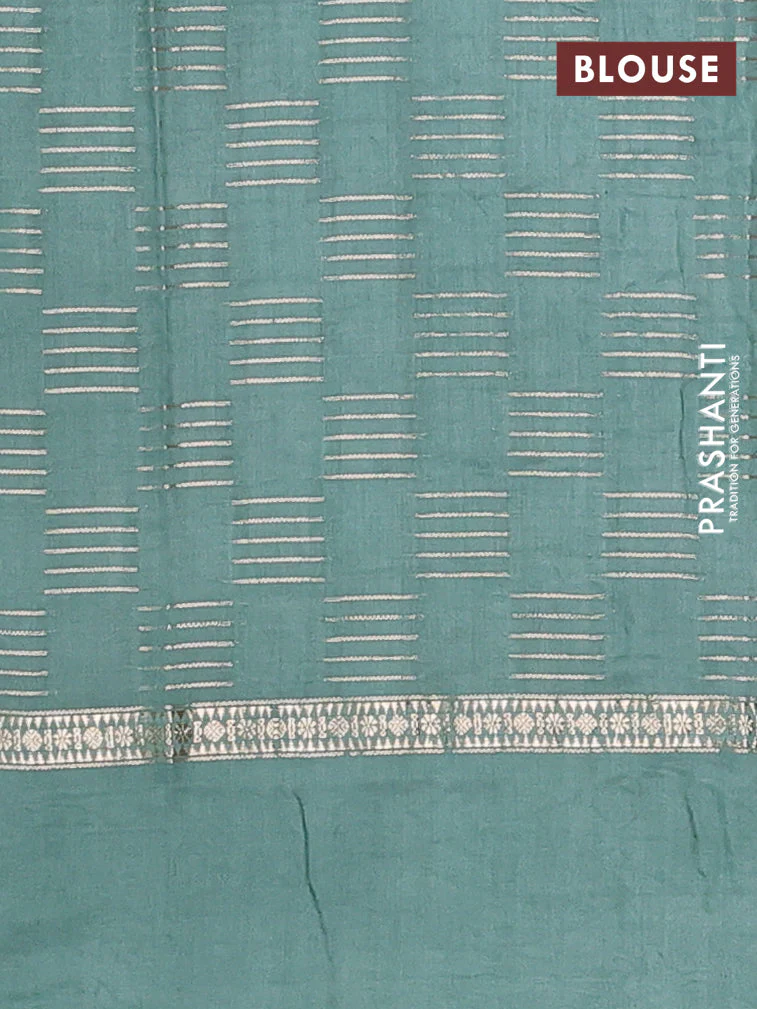 Semi chanderi saree deep maroon and pastel green with allover zari weaves and embroidery border - Image 4