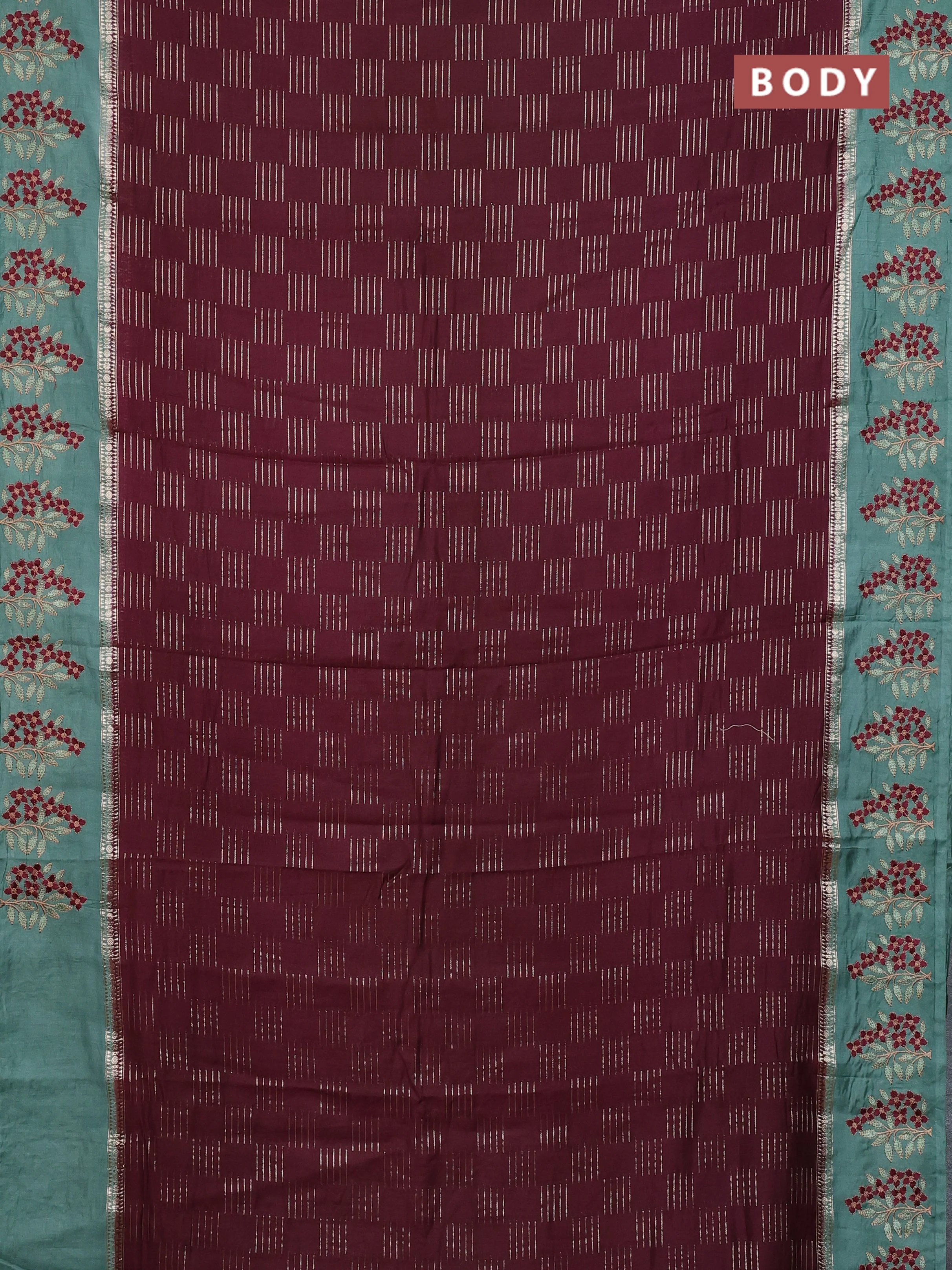 Semi chanderi saree deep maroon and pastel green with allover zari weaves and embroidery border - Image 2