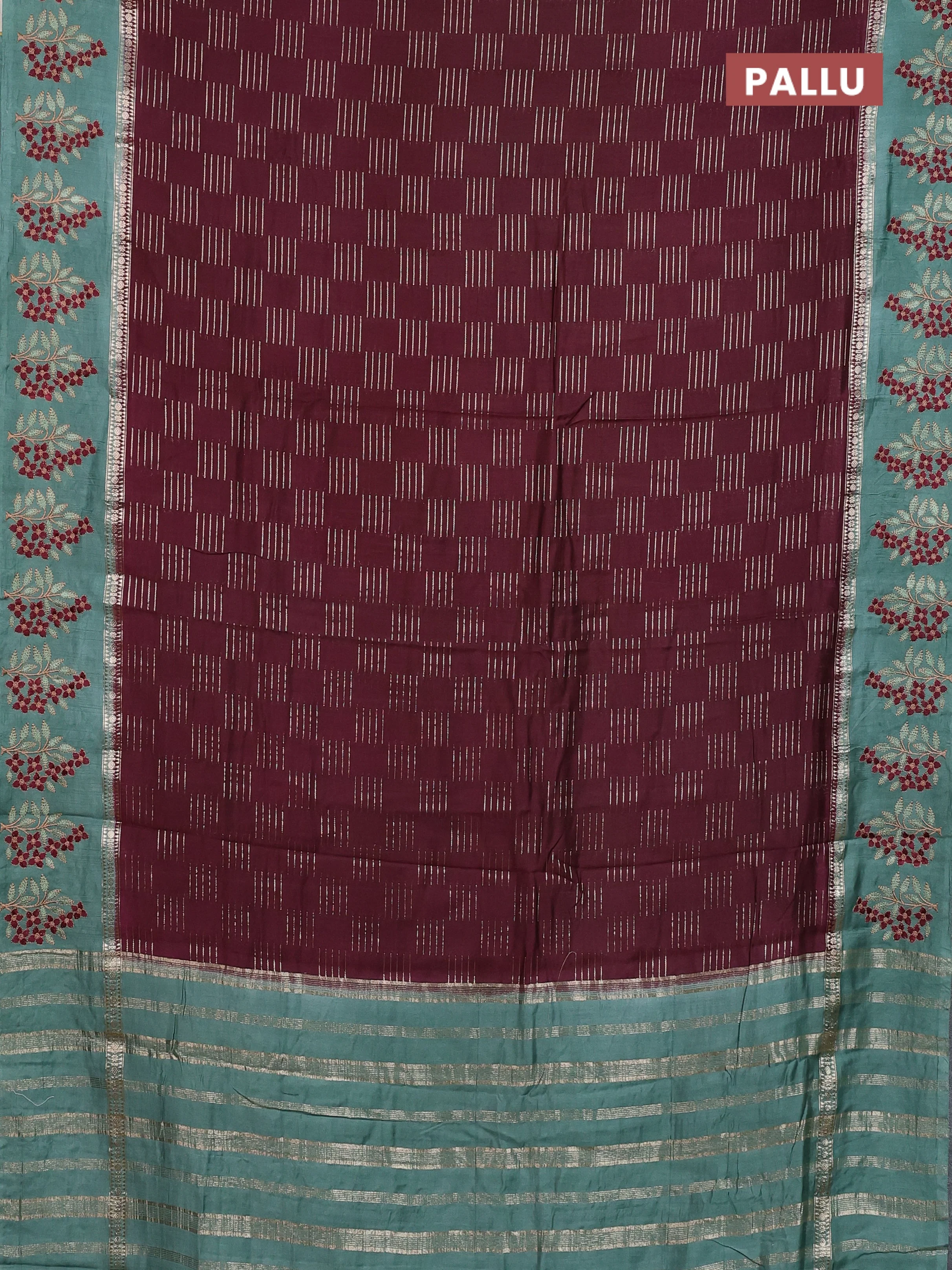 Semi chanderi saree deep maroon and pastel green with allover zari weaves and embroidery border - Image 3