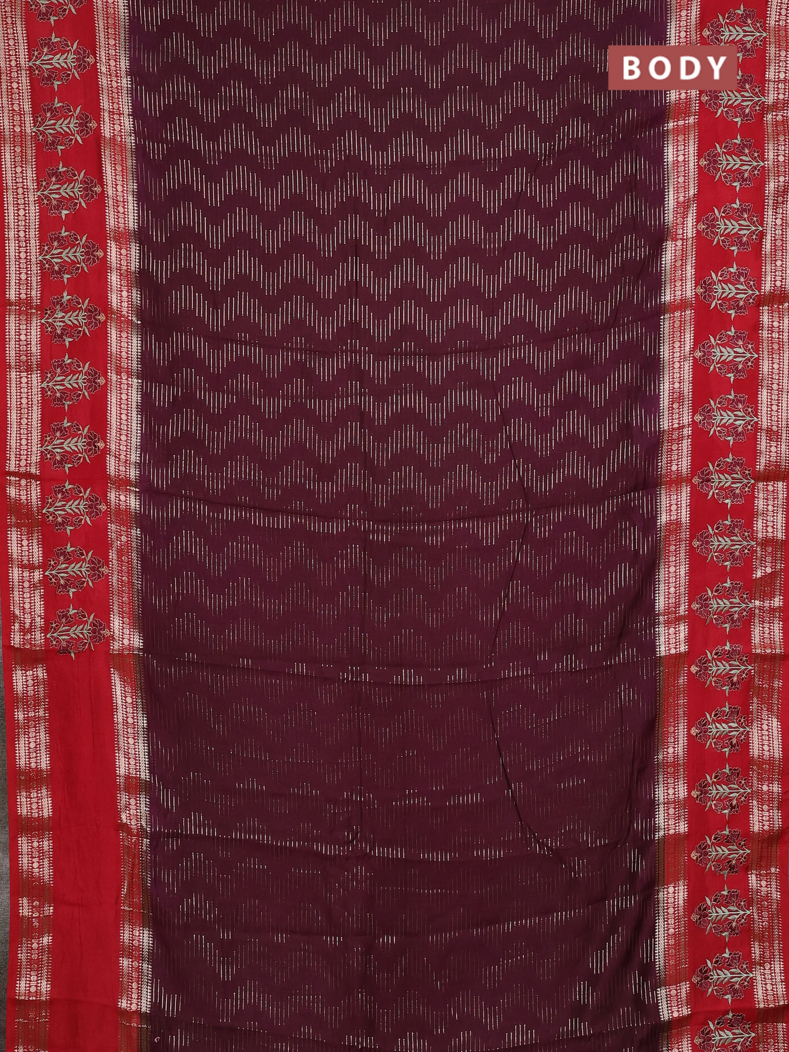 Semi chanderi saree deep maroon and red with allover zari weaves and embroidery zari border - Image 2
