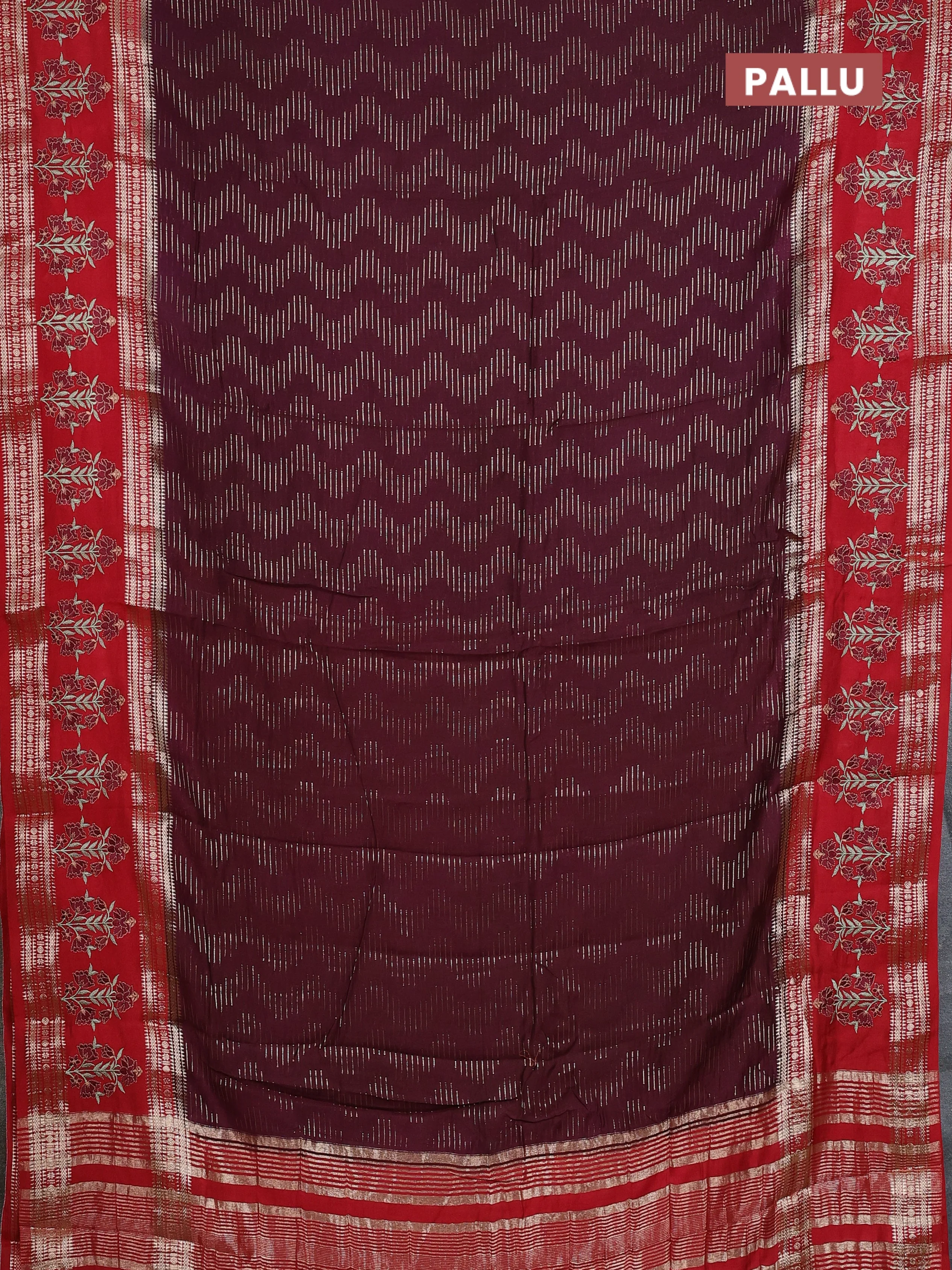 Semi chanderi saree deep maroon and red with allover zari weaves and embroidery zari border - Image 3