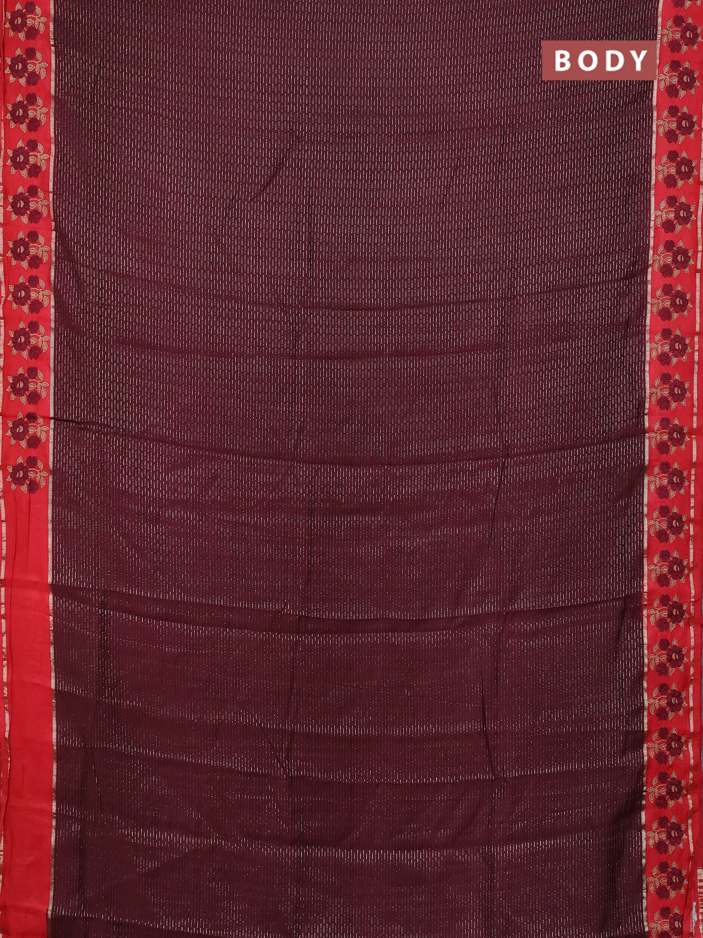 Semi chanderi saree deep maroon and red with allover zari weaves and embroidery zari border - Image 2