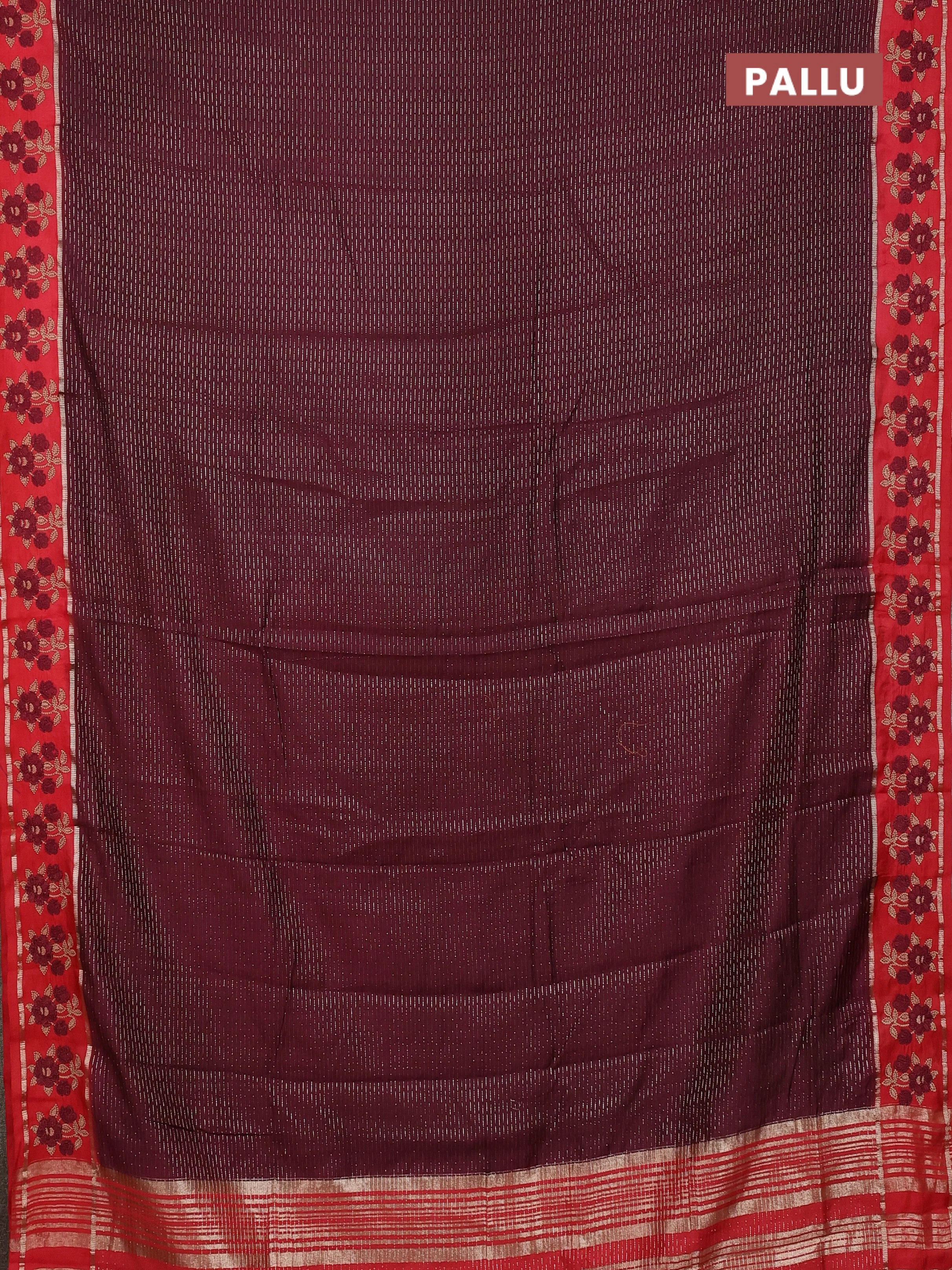 Semi chanderi saree deep maroon and red with allover zari weaves and embroidery zari border - Image 3