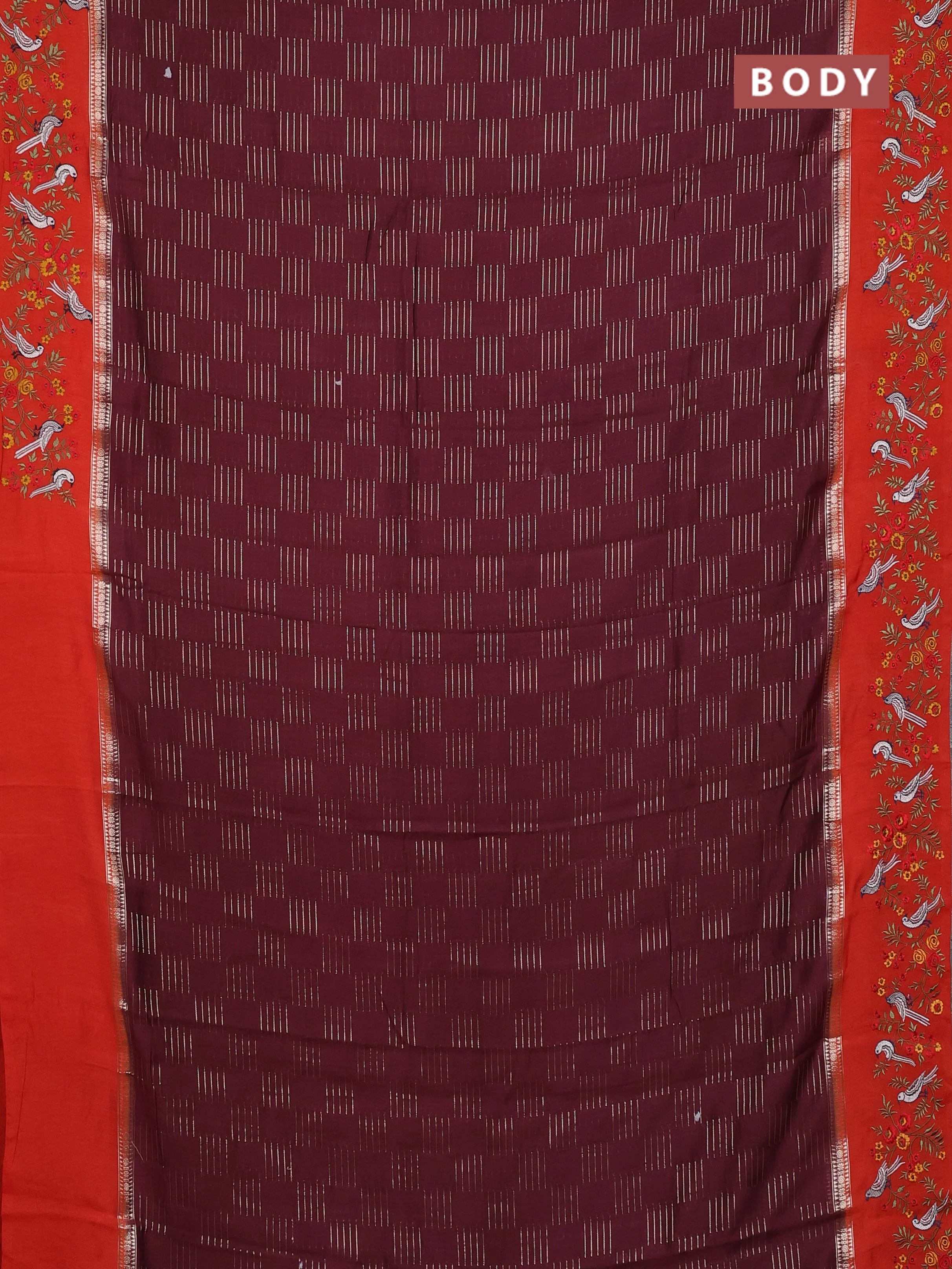 Semi chanderi saree deep maroon and rustic orange with allover zari weaves and embroidery border - Image 2