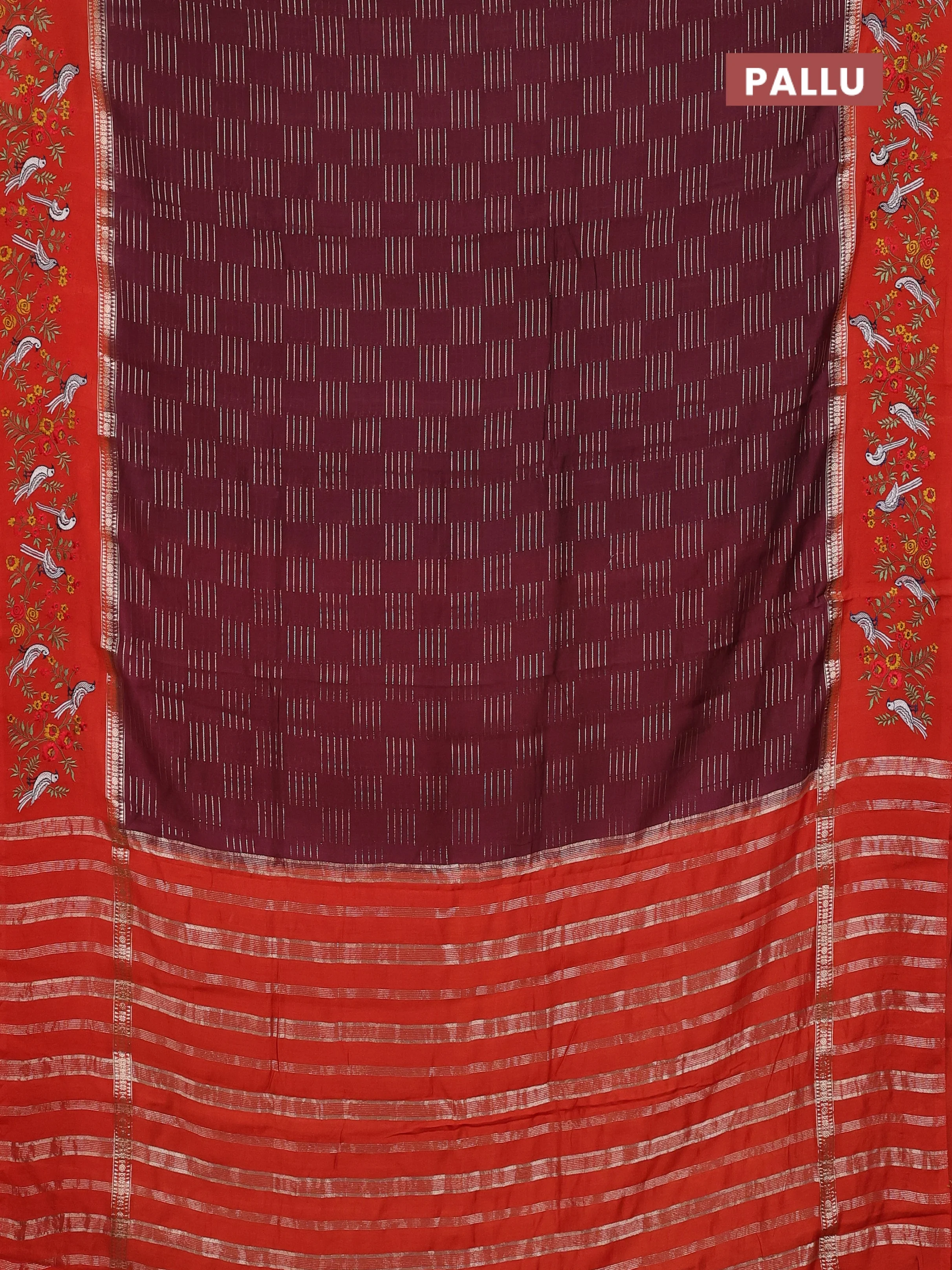Semi chanderi saree deep maroon and rustic orange with allover zari weaves and embroidery border - Image 3