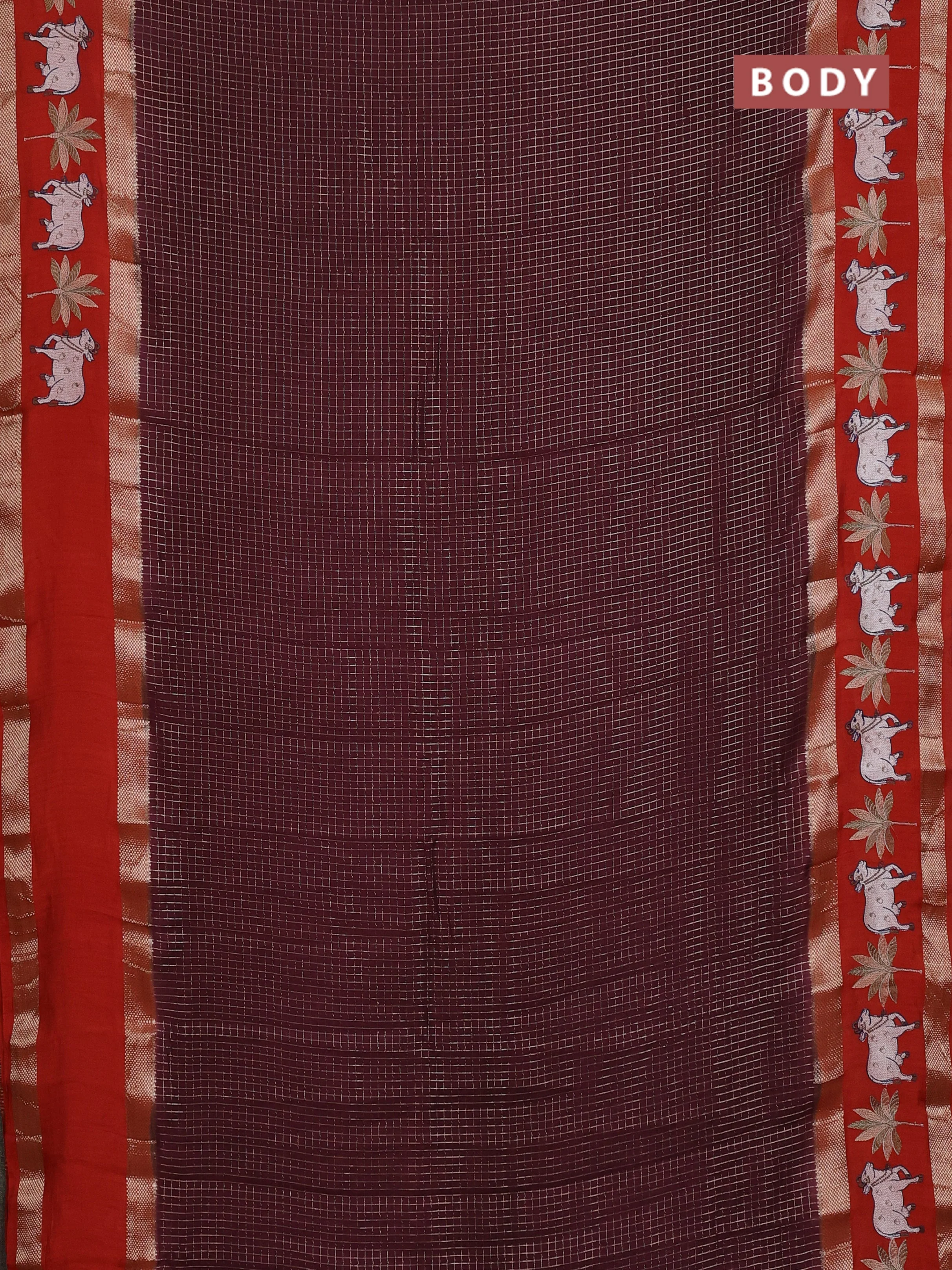 Semi chanderi saree deep maroon and rustic orange with allover zari woven checked pattern and embroidery zari border - Image 2