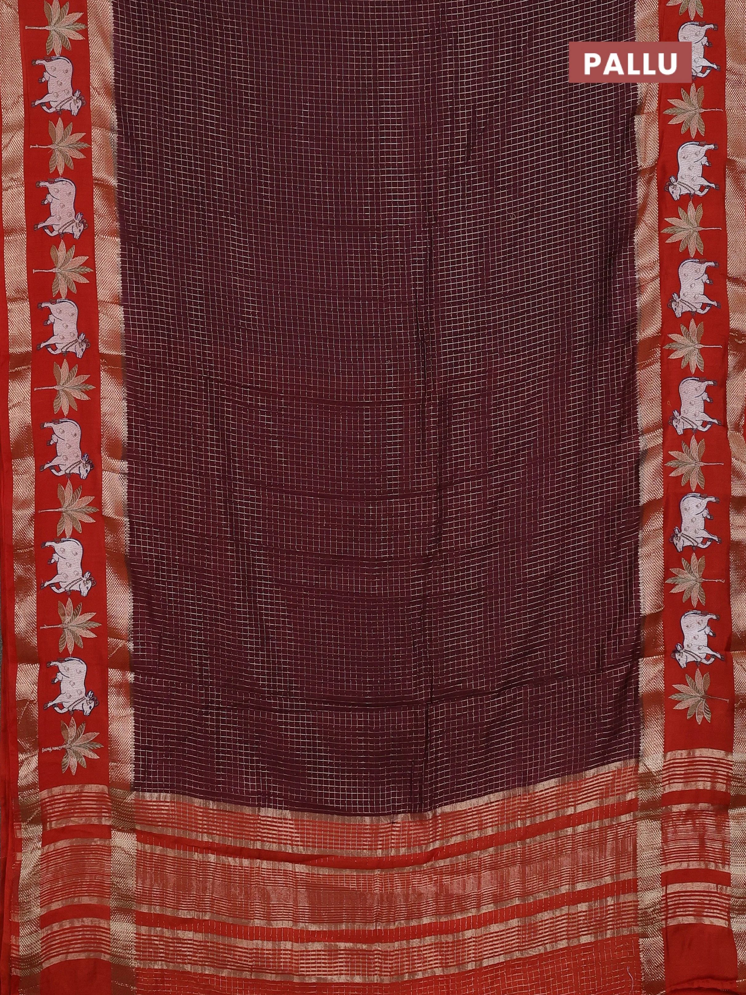 Semi chanderi saree deep maroon and rustic orange with allover zari woven checked pattern and embroidery zari border - Image 3