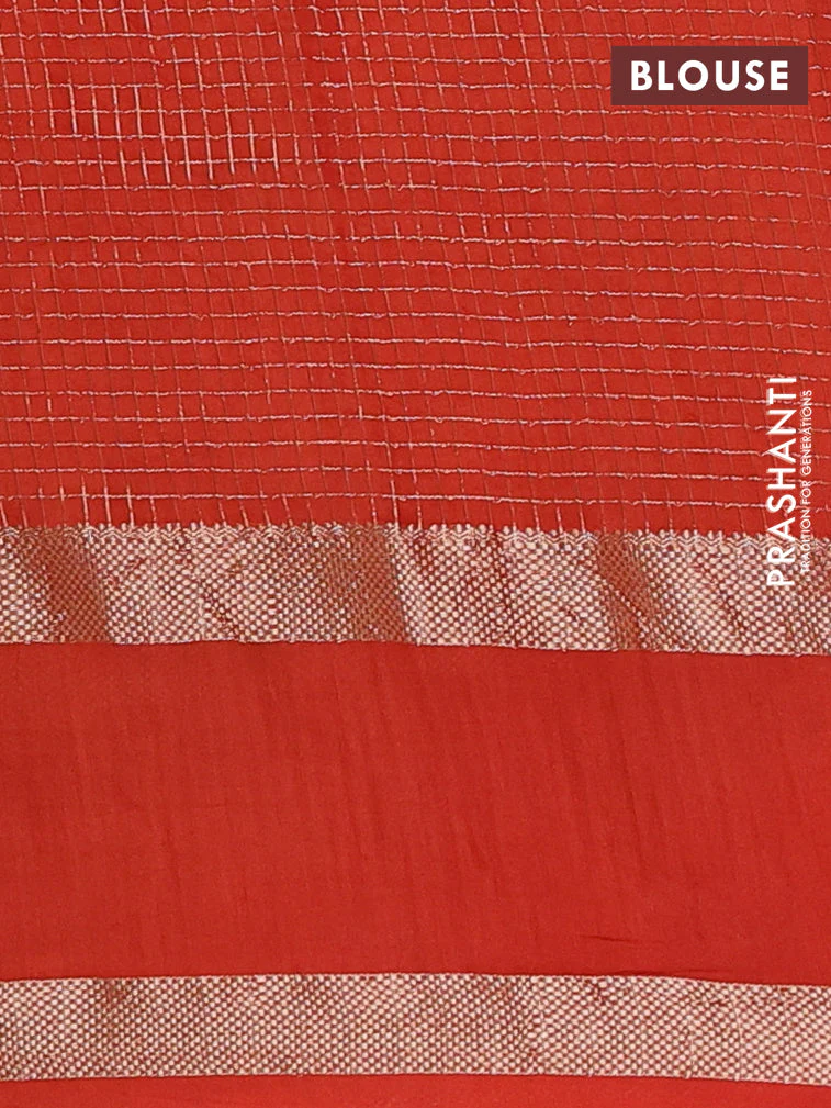 Semi chanderi saree deep maroon and rustic orange with allover zari woven checked pattern and embroidery zari border - Image 4