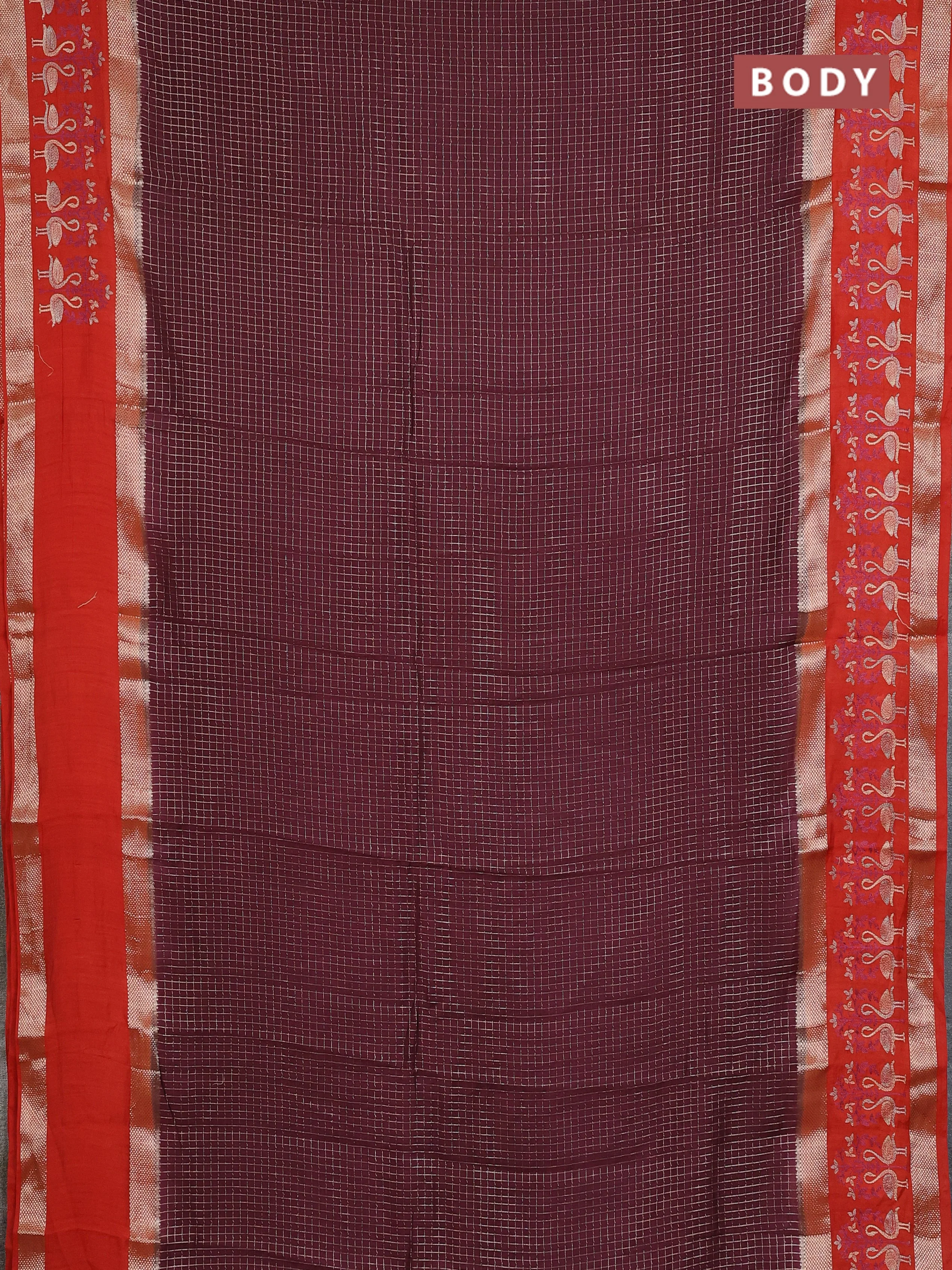 Semi chanderi saree deep maroon and rustic orange with allover zari woven checked pattern and embroidery zari border - Image 2