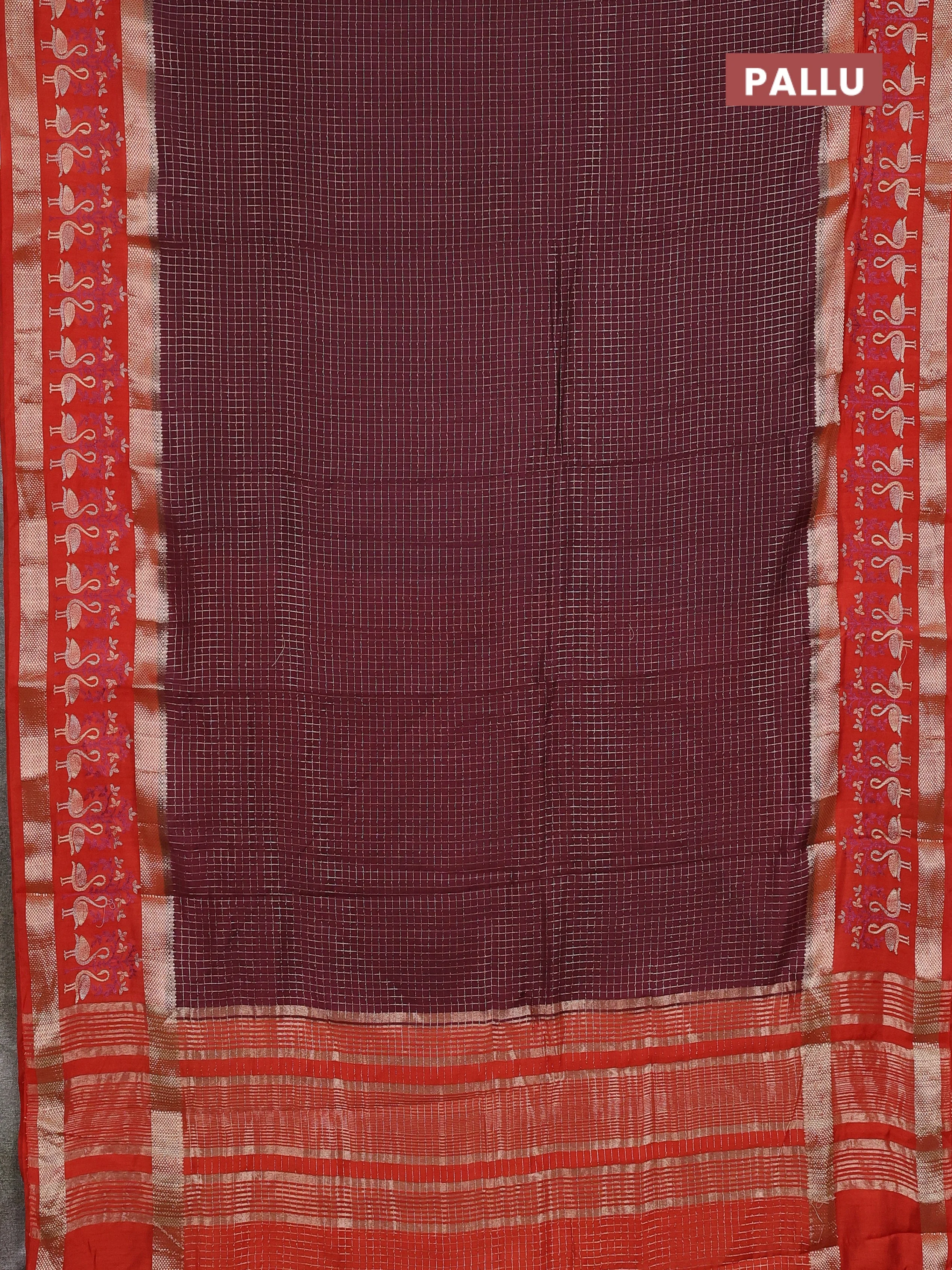 Semi chanderi saree deep maroon and rustic orange with allover zari woven checked pattern and embroidery zari border - Image 3