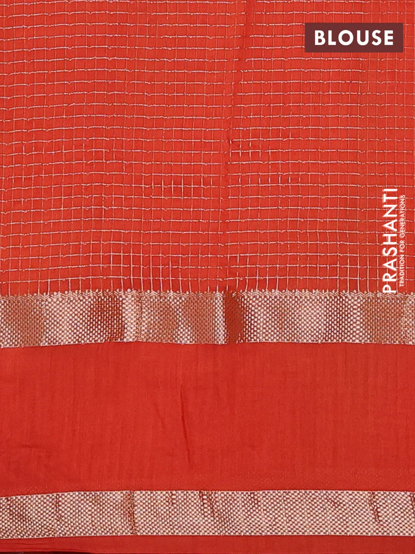Semi chanderi saree deep maroon and rustic orange with allover zari woven checked pattern and embroidery zari border - Image 4