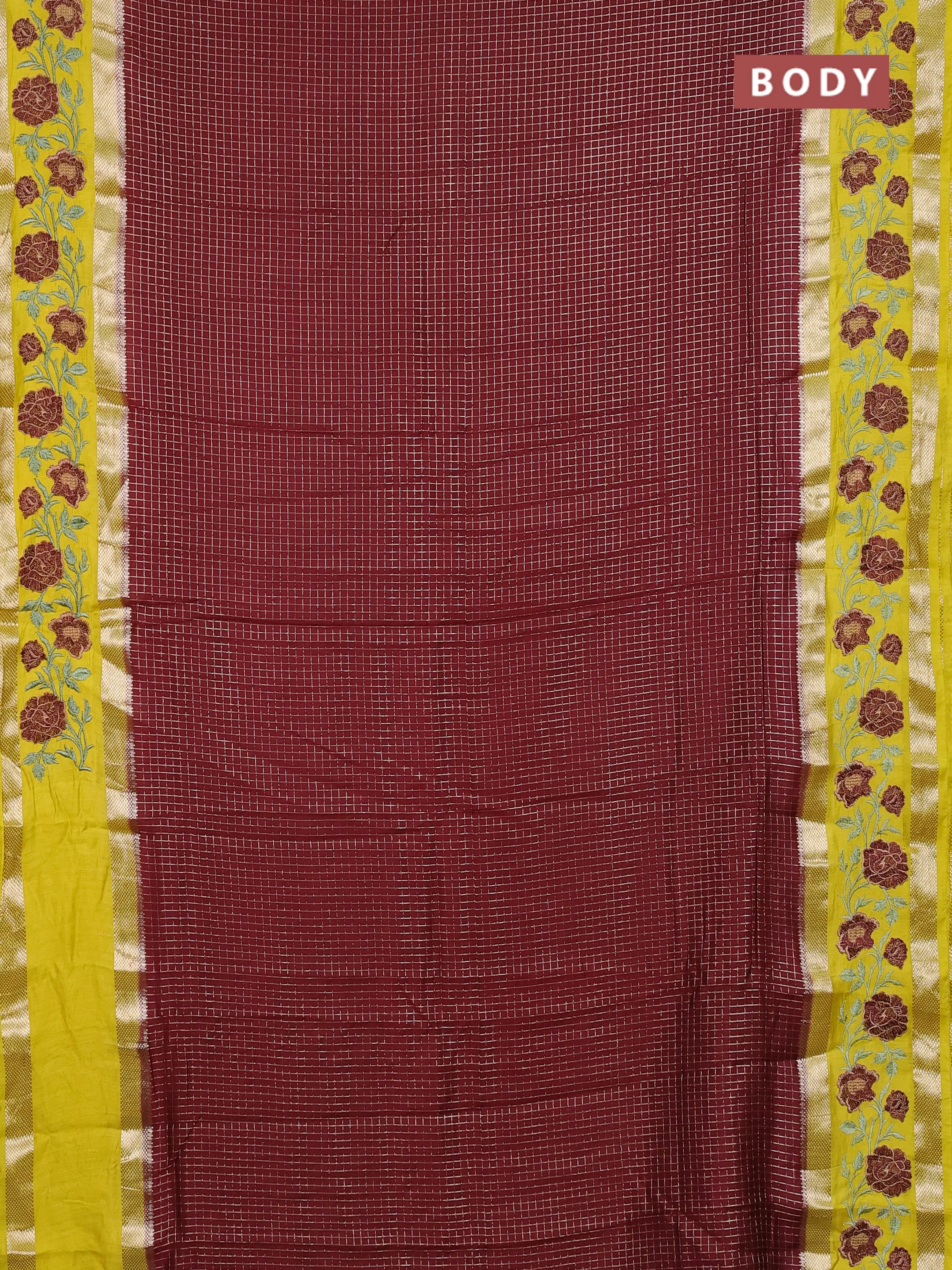 Semi chanderi saree deep maroon and yellow with allover zari woven checked pattern and embroidery zari border - Image 2