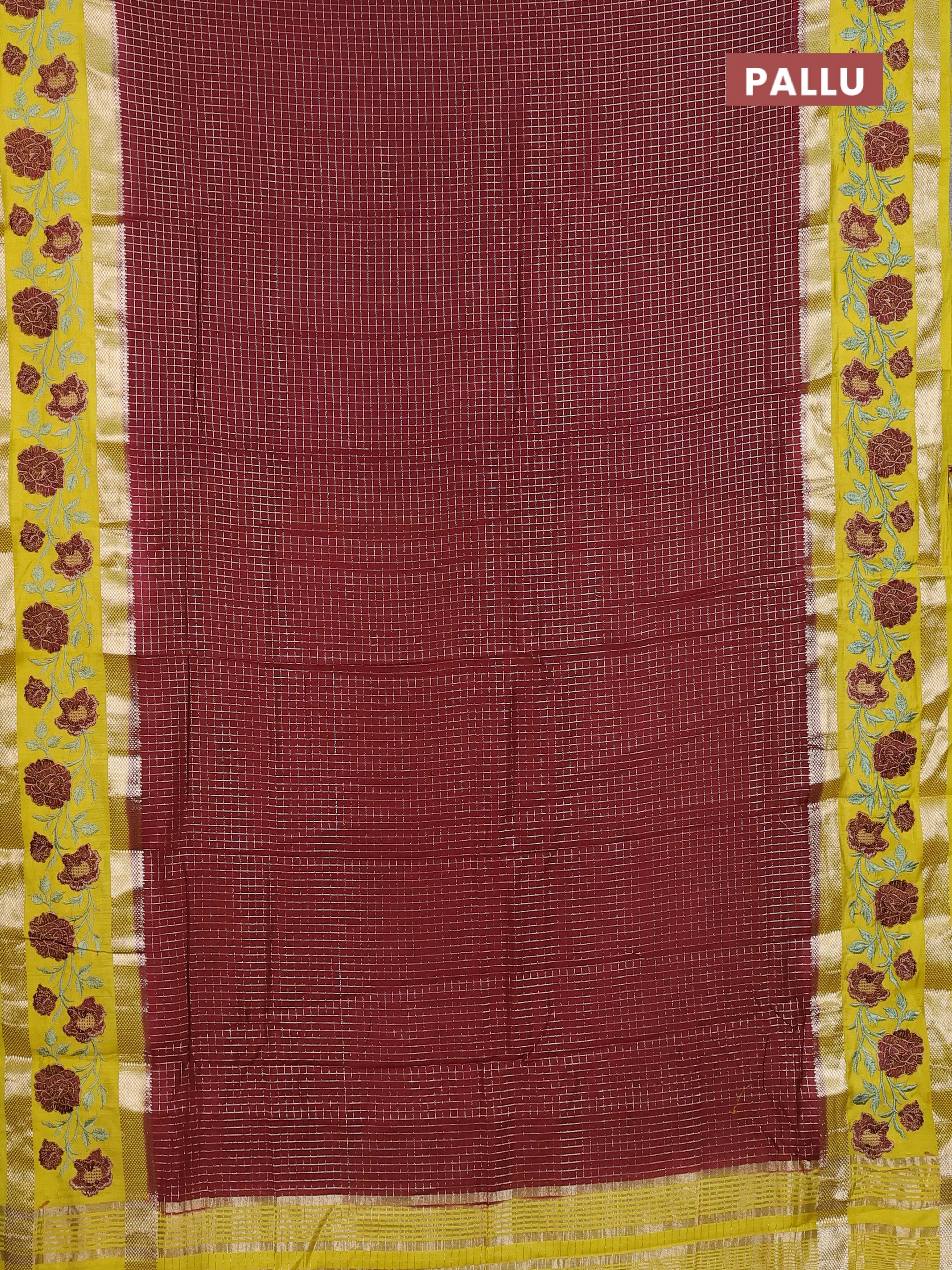 Semi chanderi saree deep maroon and yellow with allover zari woven checked pattern and embroidery zari border - Image 3