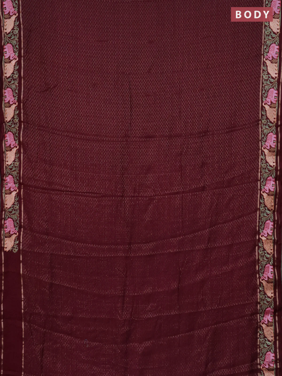 Semi chanderi saree deep maroon with allover zari weaves and floral embroidery border - Image 2