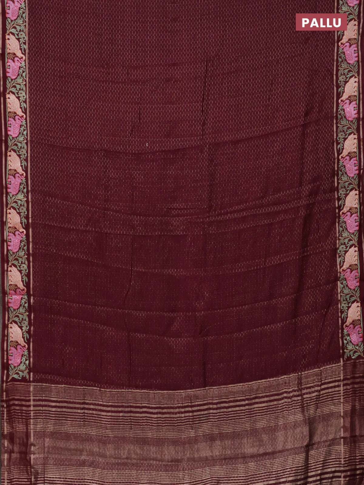 Semi chanderi saree deep maroon with allover zari weaves and floral embroidery border - Image 3