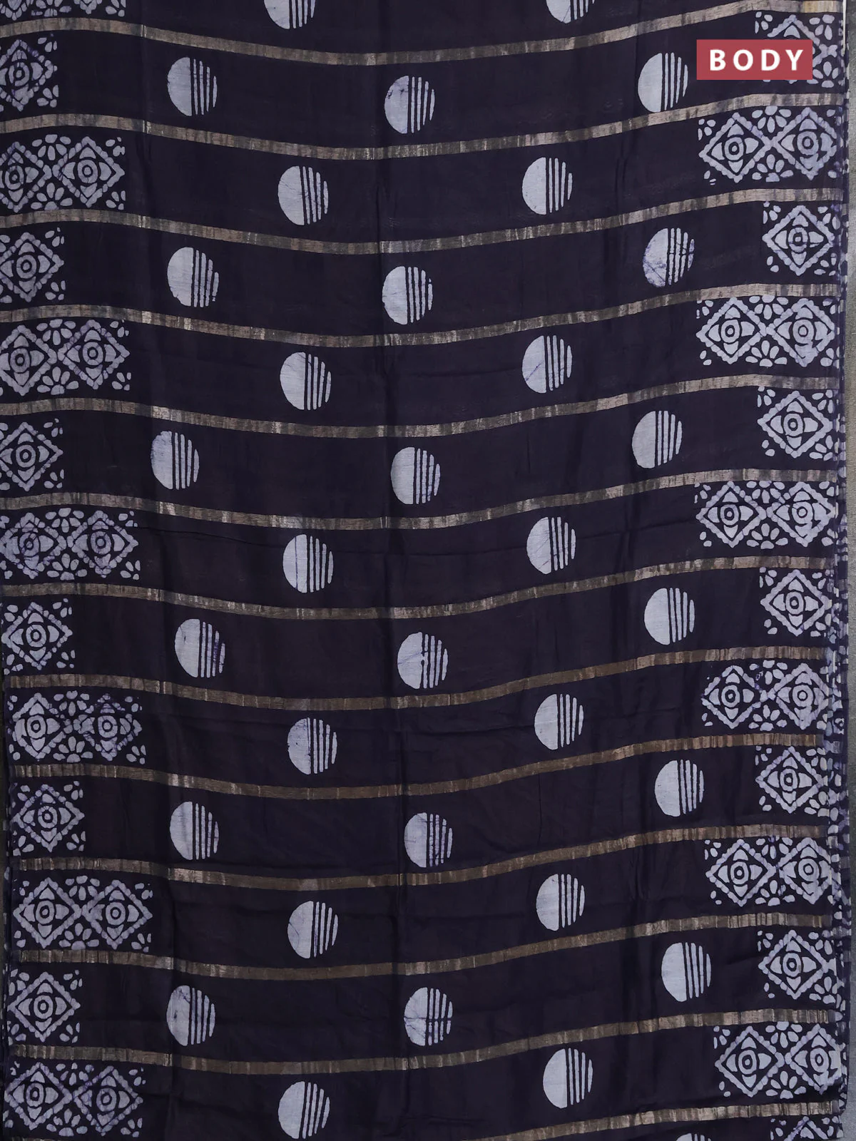 Semi chanderi saree deep navy blue with allover zari strips & batik butta prints in borderless style - Image 2