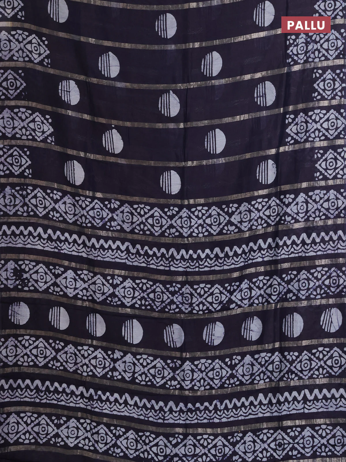 Semi chanderi saree deep navy blue with allover zari strips & batik butta prints in borderless style - Image 3