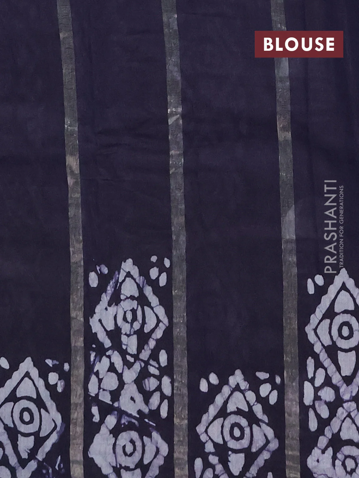 Semi chanderi saree deep navy blue with allover zari strips & batik butta prints in borderless style - Image 4