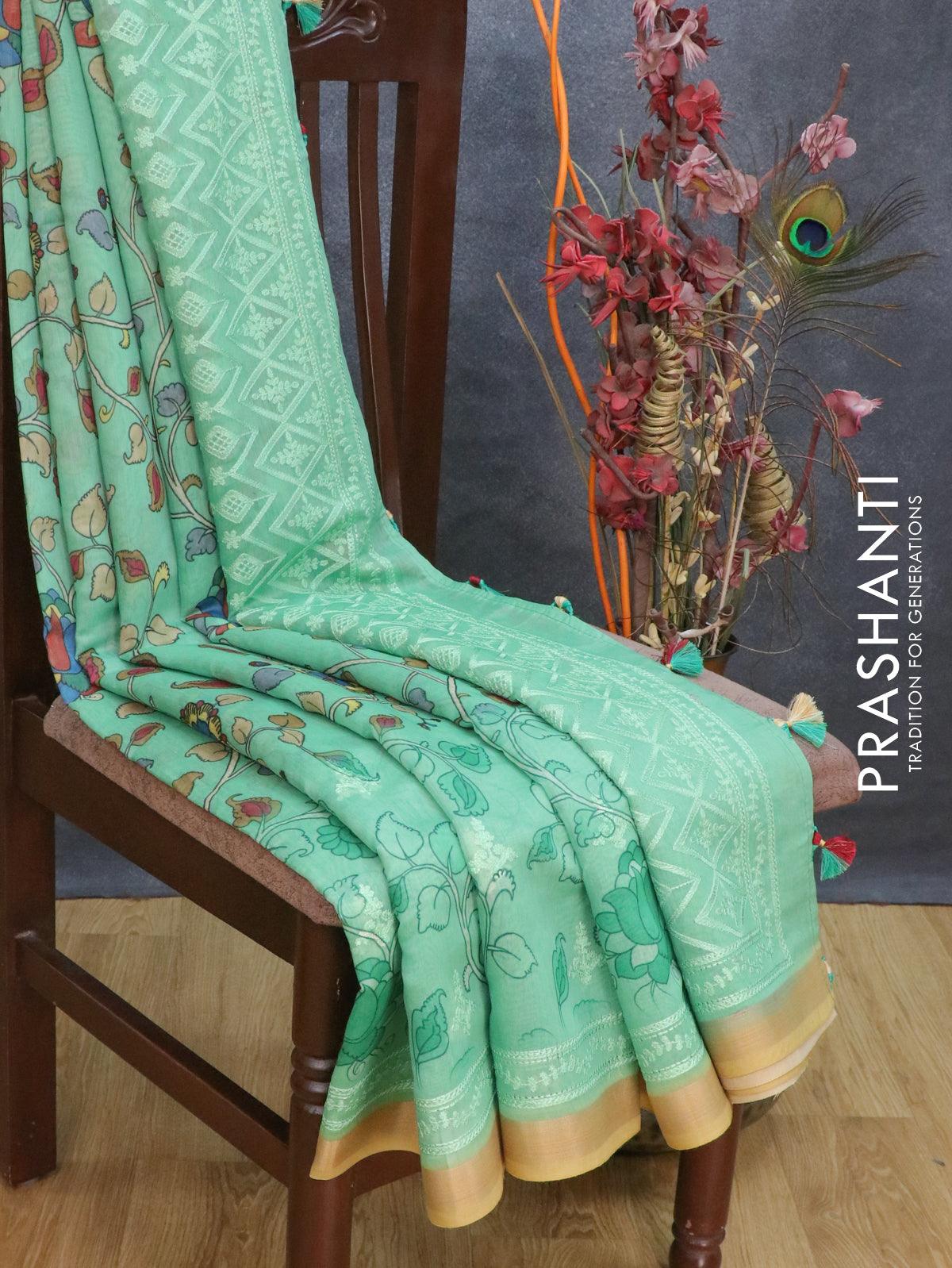 Semi chanderi saree green and sandal with allover floral prints & embroidery work and embroidery border - Image 2