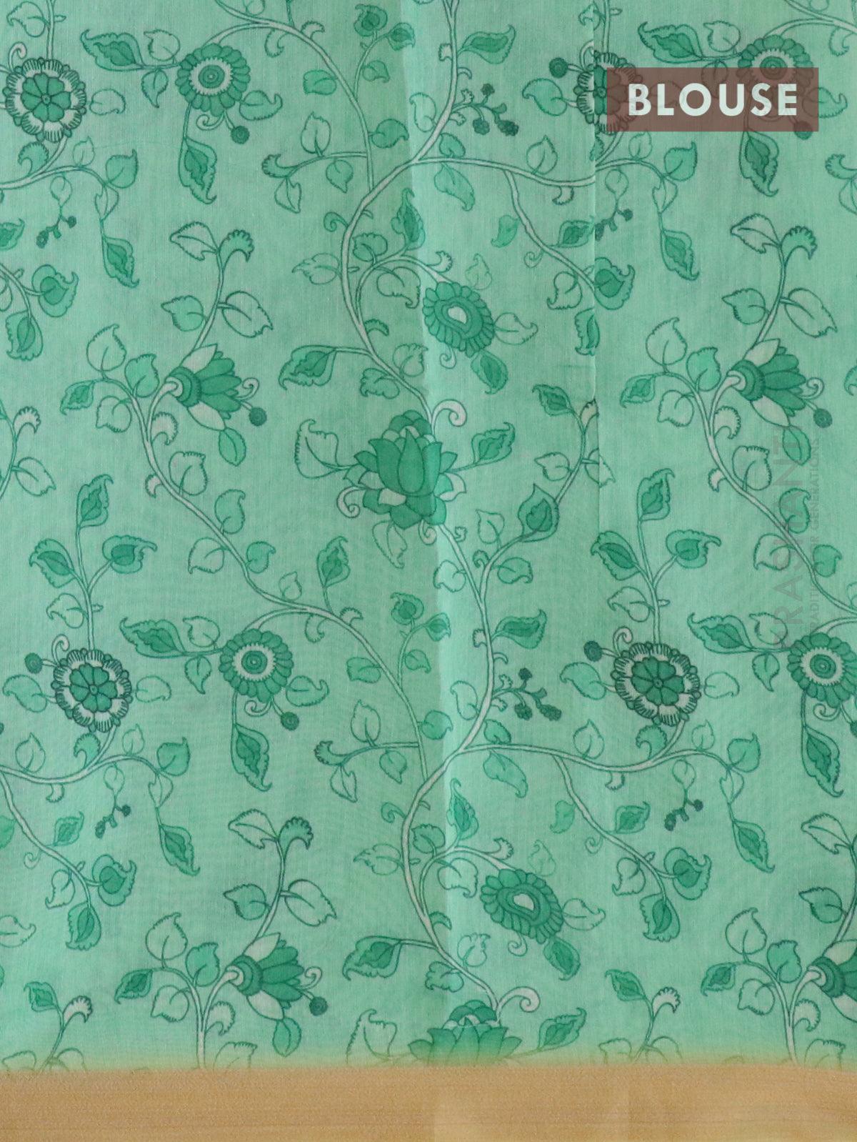 Semi chanderi saree green and sandal with allover floral prints & embroidery work and embroidery border - Image 3