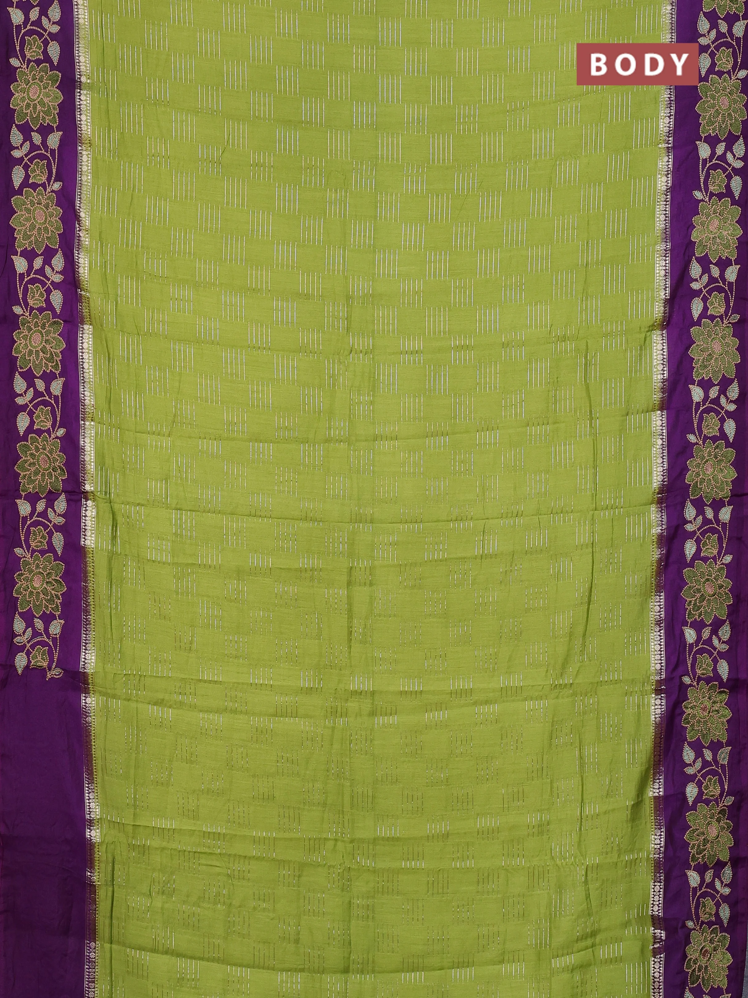 Semi chanderi saree green and violet with allover zari weaves and embroidery border - Image 2
