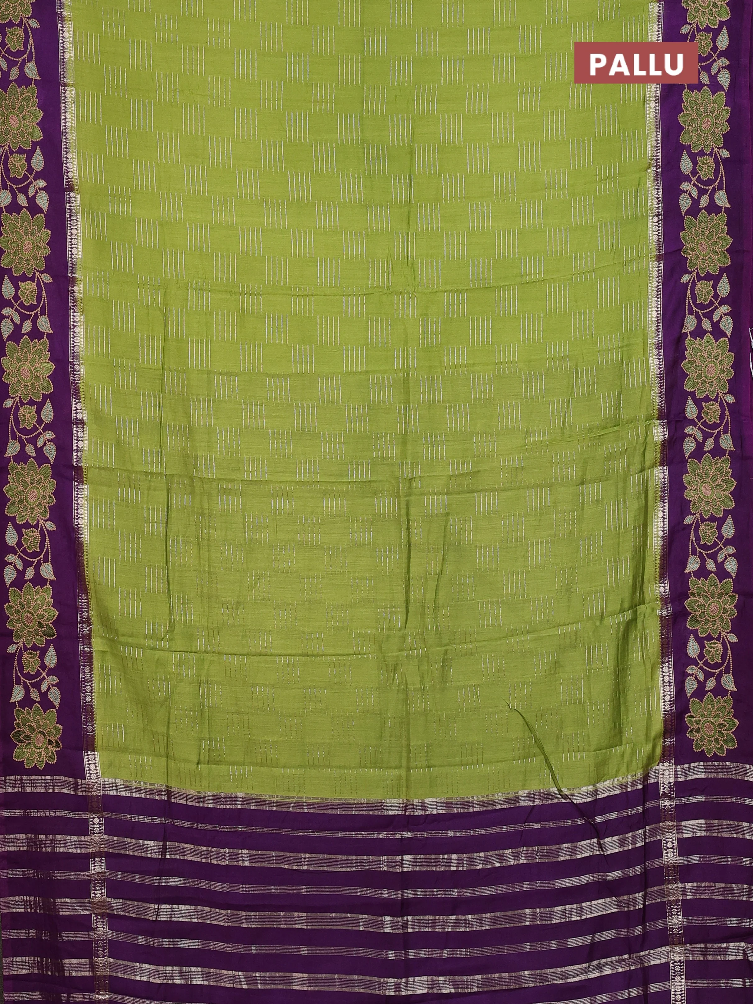 Semi chanderi saree green and violet with allover zari weaves and embroidery border - Image 3