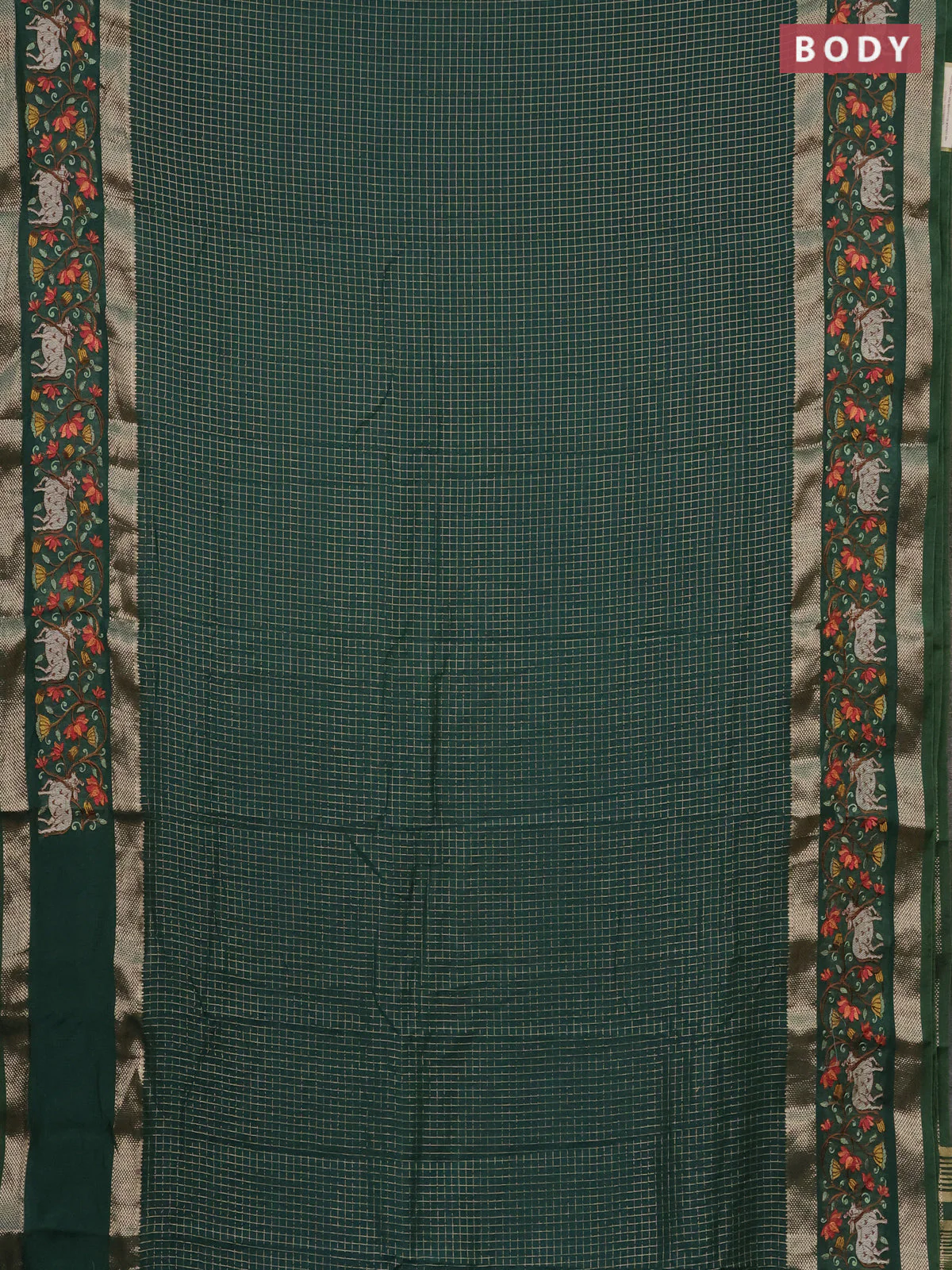Semi chanderi saree green with allover zari checked pattern and pichwai embroidery border - Image 2