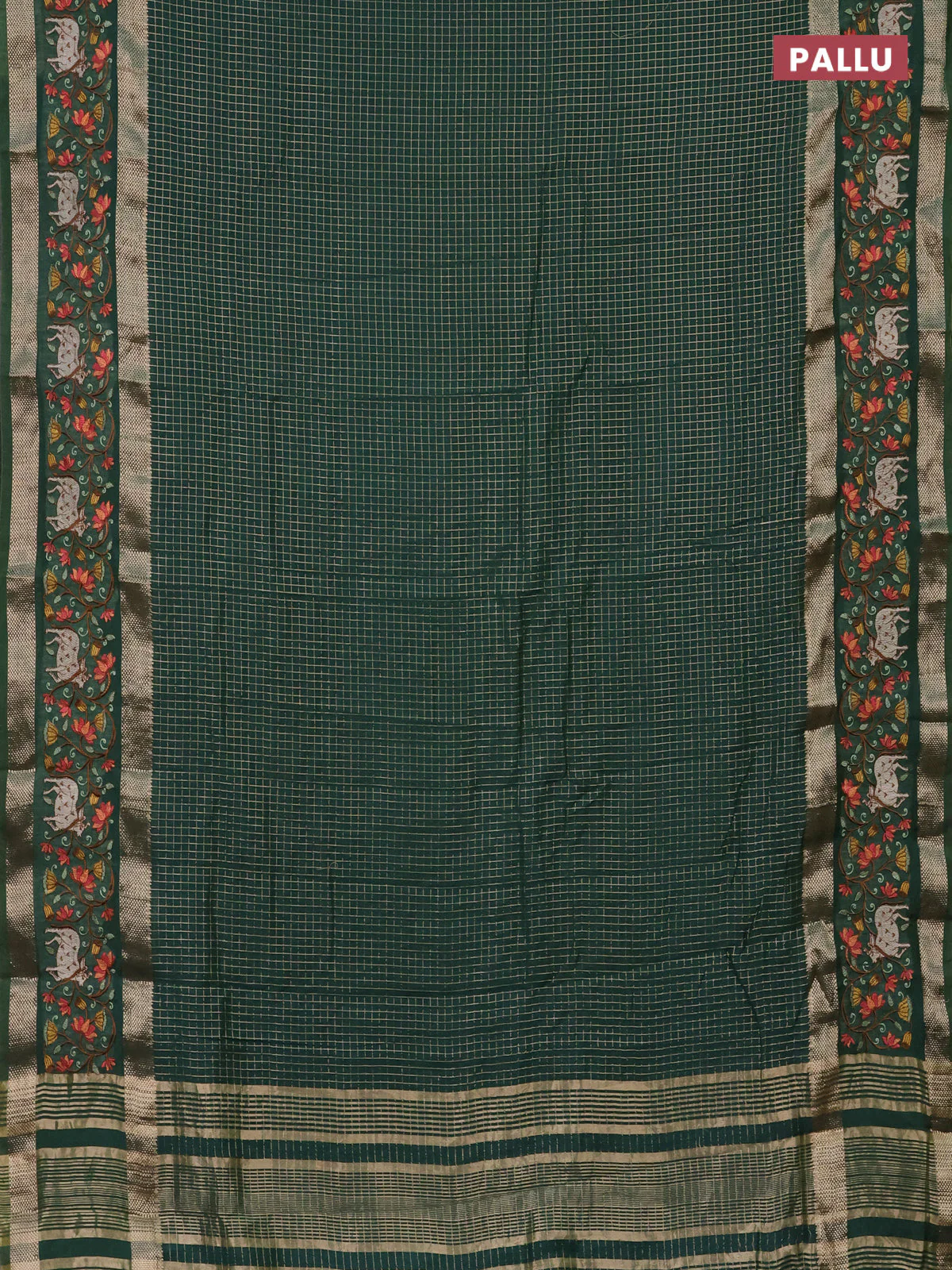 Semi chanderi saree green with allover zari checked pattern and pichwai embroidery border - Image 3