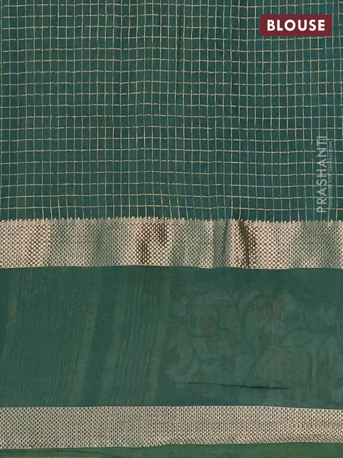 Semi chanderi saree green with allover zari checked pattern and pichwai embroidery border - Image 4