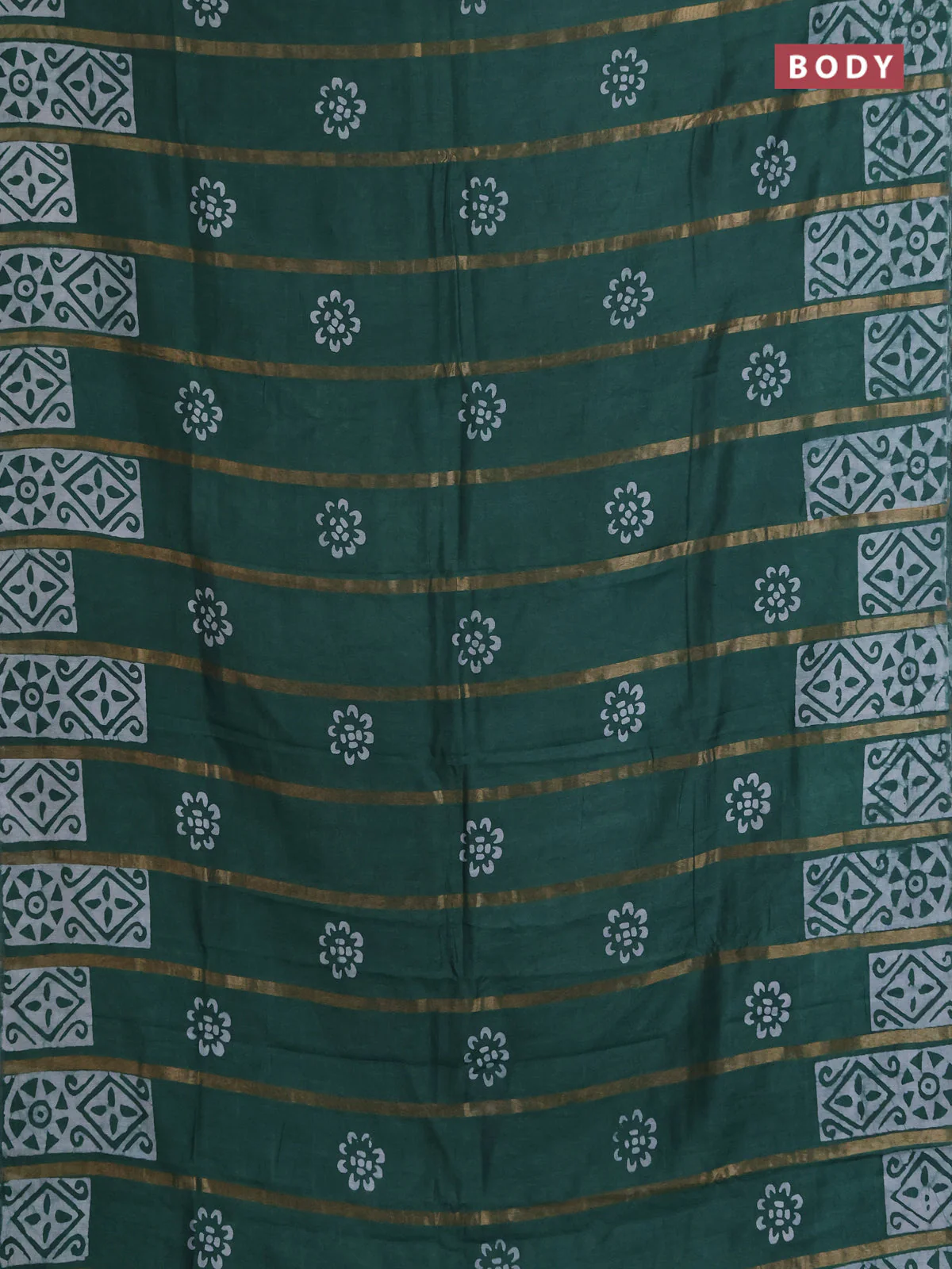 Semi chanderi saree green with allover zari strips & batik butta prints in borderless style - Image 2