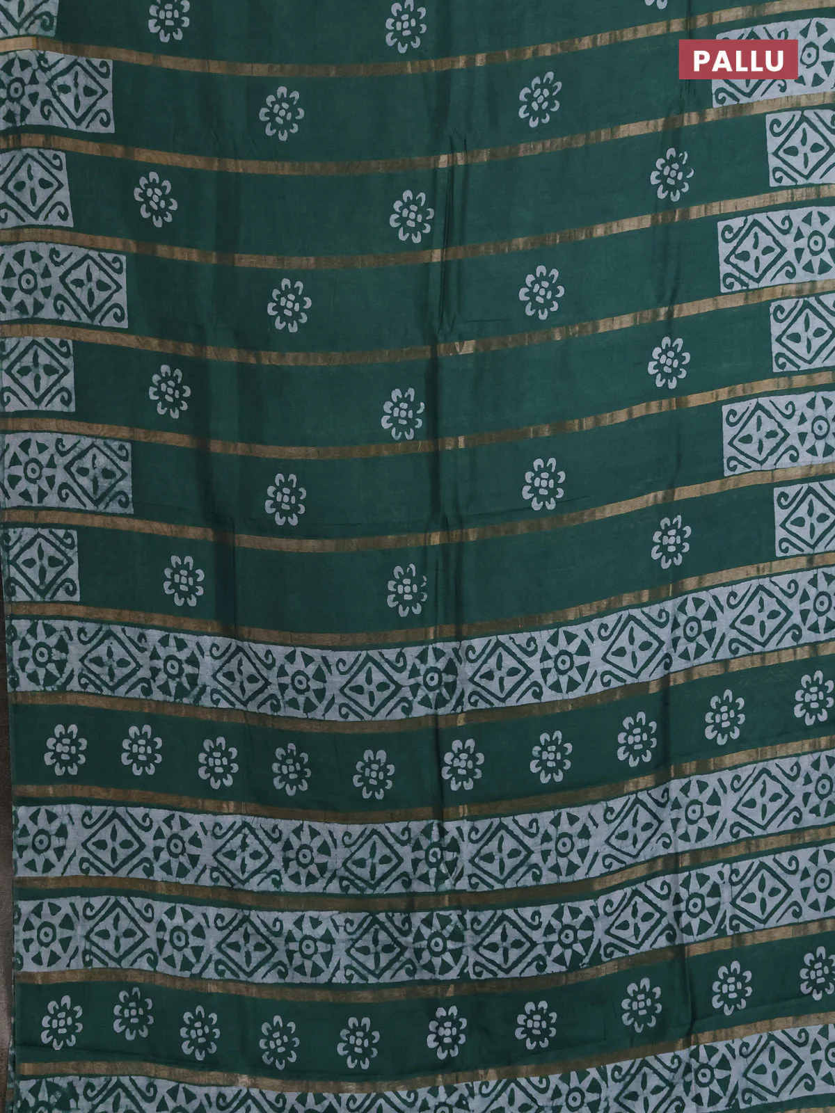 Semi chanderi saree green with allover zari strips & batik butta prints in borderless style - Image 3