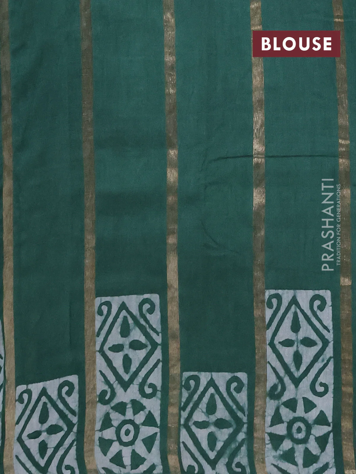 Semi chanderi saree green with allover zari strips & batik butta prints in borderless style - Image 4