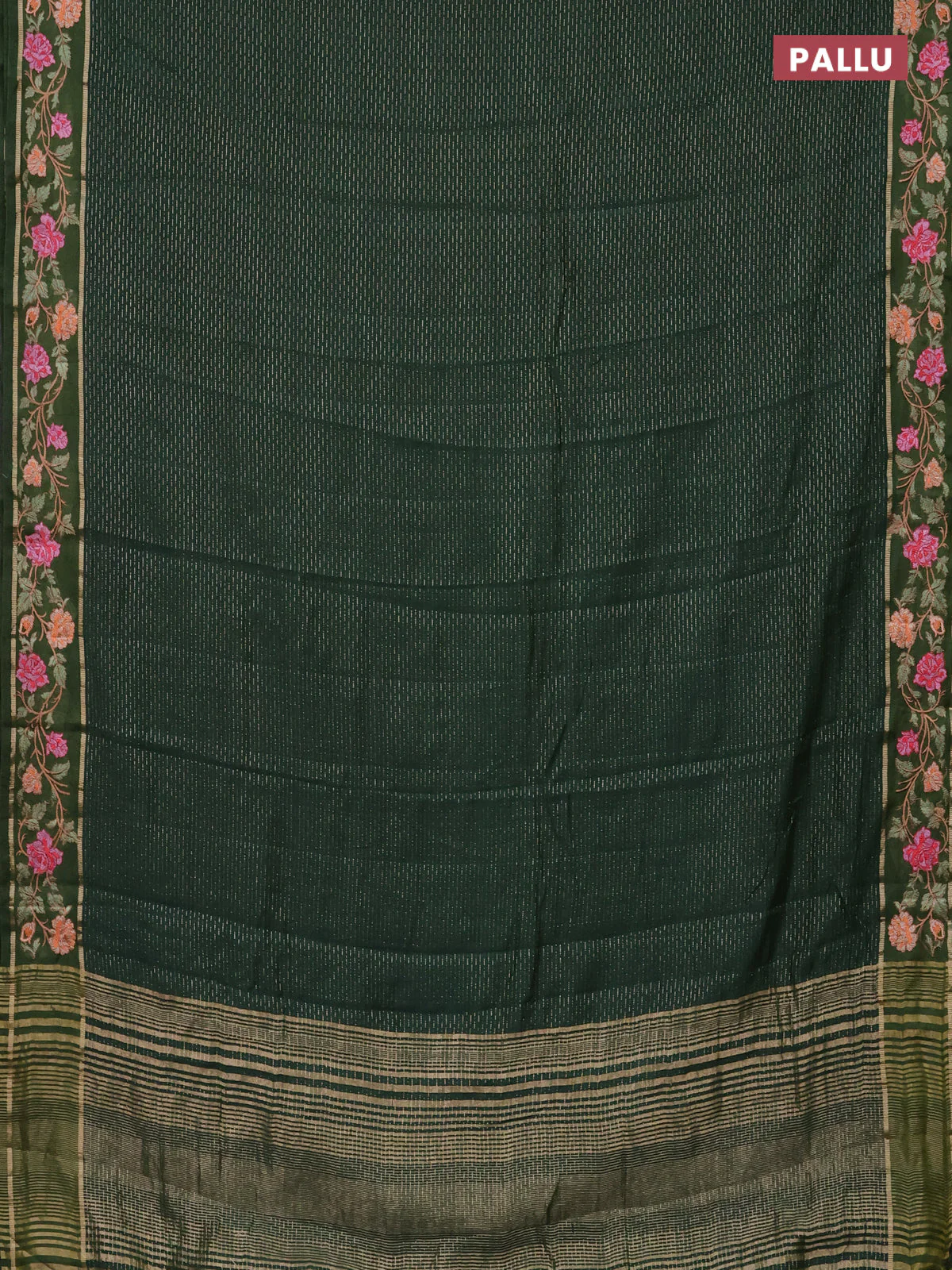 Semi chanderi saree green with allover zari weaves and floral embroidery border - Image 3