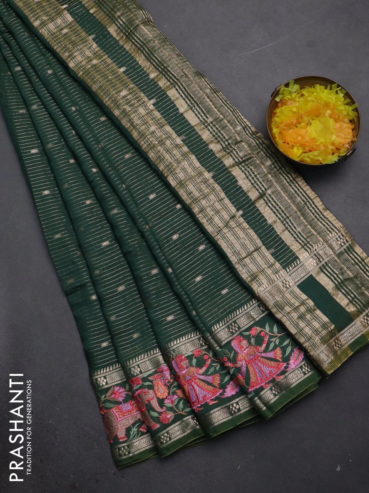Semi chanderi saree green with allover zari weaves & buttas and embroidery border