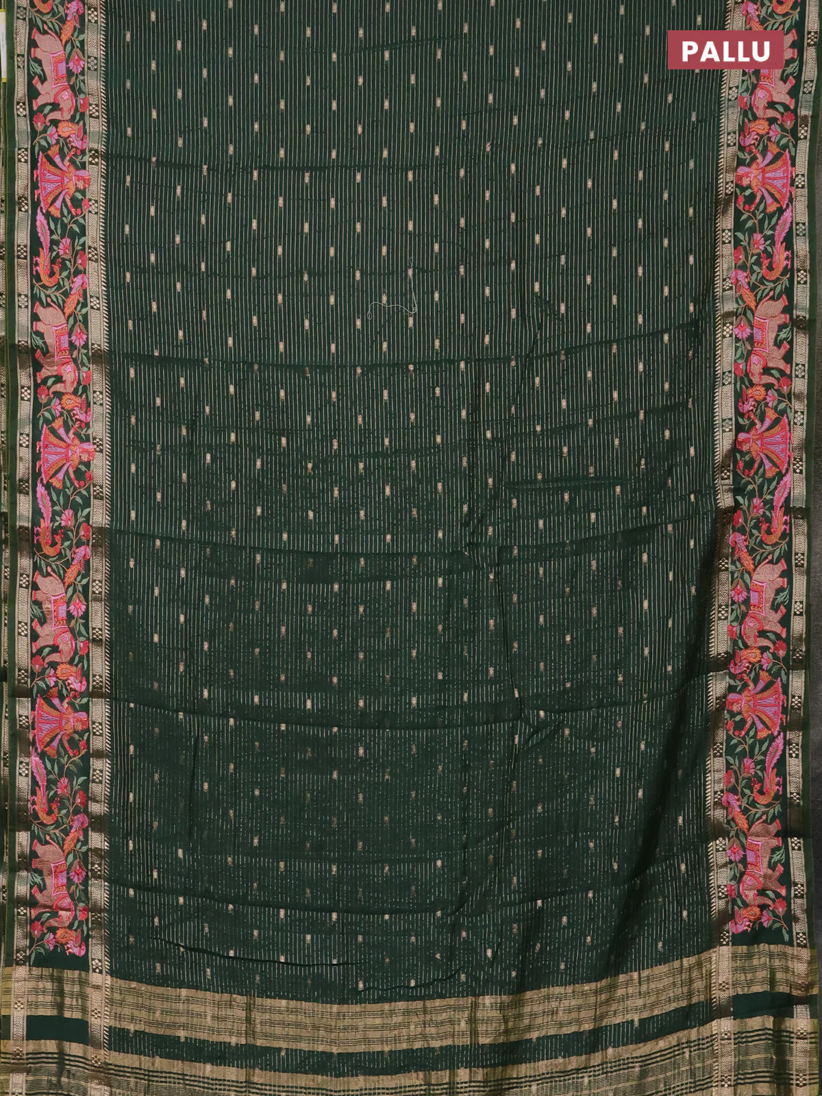 Semi chanderi saree green with allover zari weaves & buttas and embroidery border - Image 3