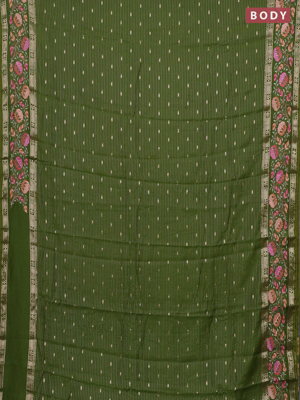 Semi chanderi saree green with allover zari weaves & buttas and floral embroidery border - Image 2