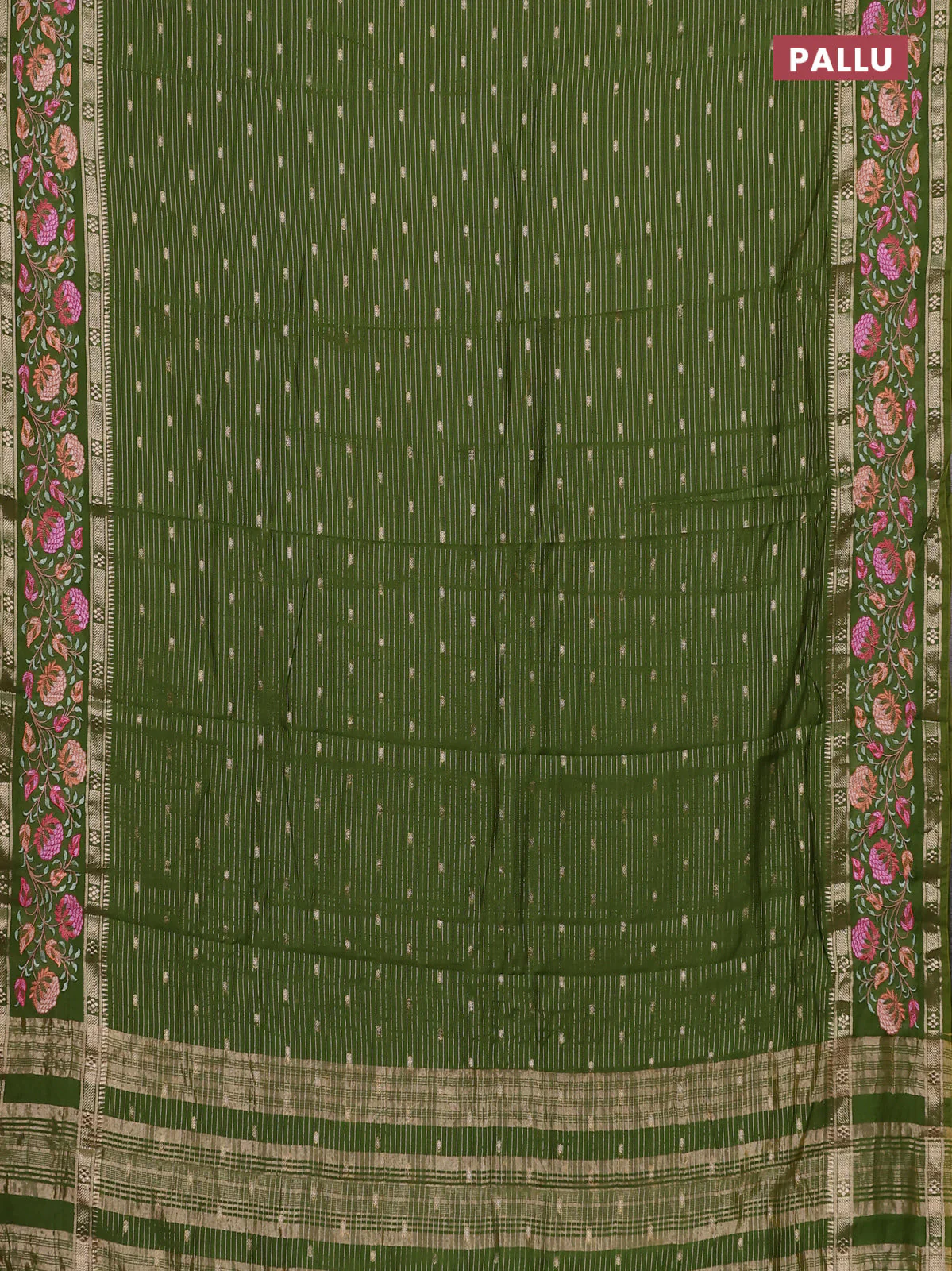 Semi chanderi saree green with allover zari weaves & buttas and floral embroidery border - Image 3