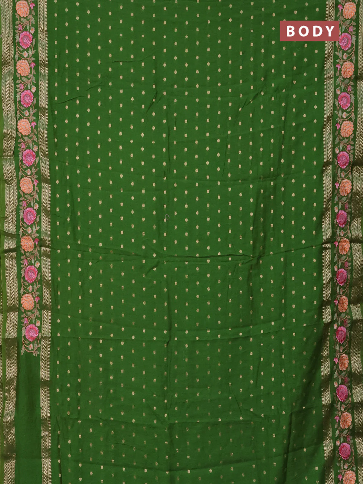 Semi chanderi saree green with zari woven buttas and floral embroidery border - Image 2