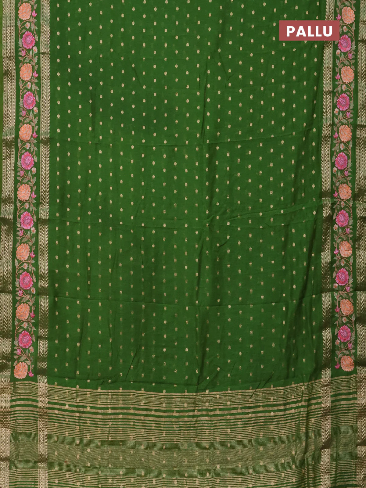 Semi chanderi saree green with zari woven buttas and floral embroidery border - Image 3