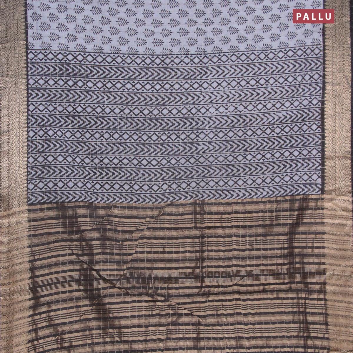 Semi chanderi saree grey and black with allover prints & zari checked pattern and zari woven border - Image 3