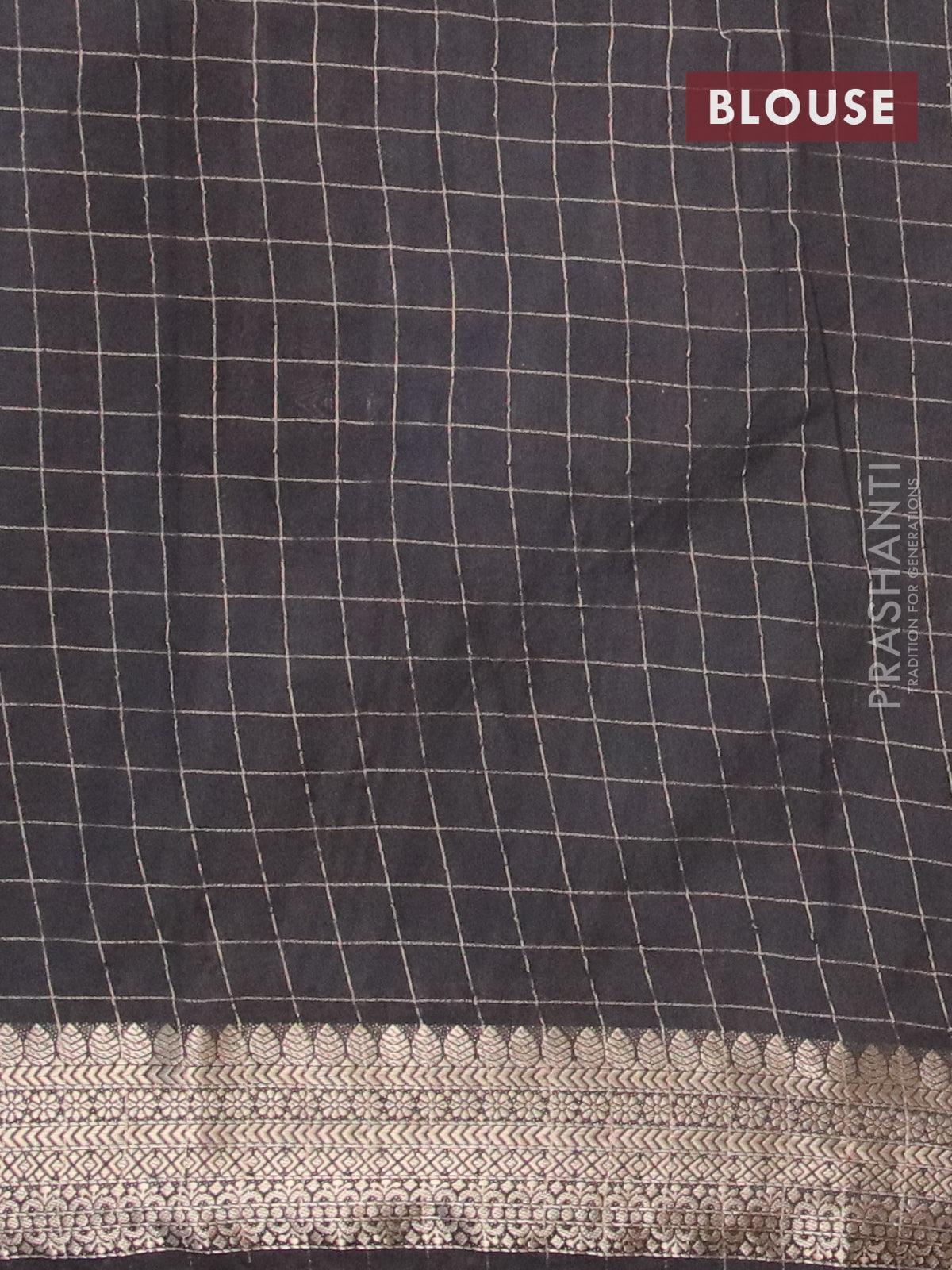 Semi chanderi saree grey and black with allover prints & zari checked pattern and zari woven border - Image 4