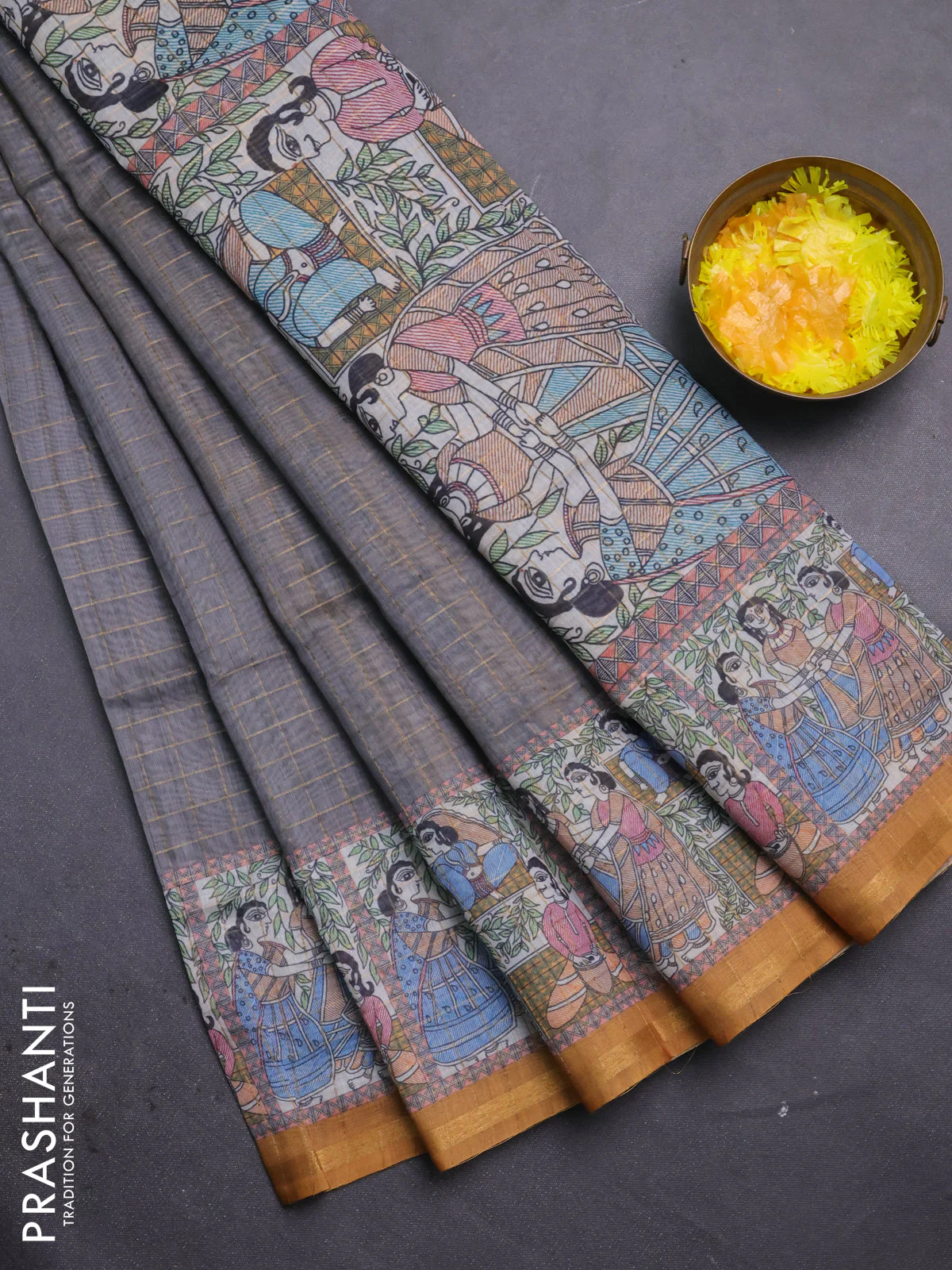 Semi chanderi saree grey and dark mustard with allover zari woven checked pattern and madhubani printed pallu