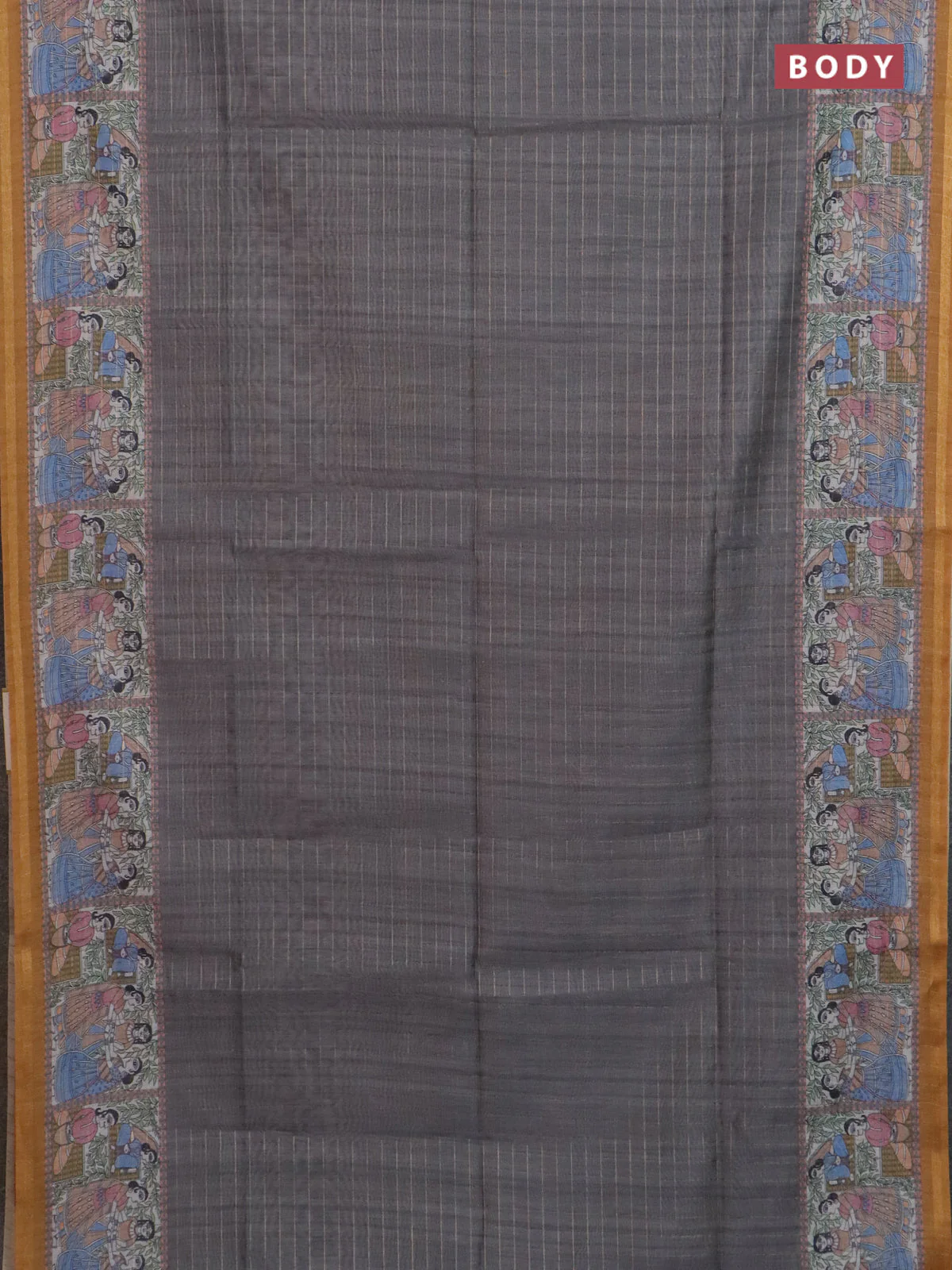 Semi chanderi saree grey and dark mustard with allover zari woven checked pattern and madhubani printed pallu - Image 2