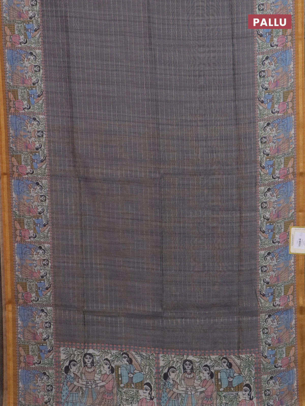 Semi chanderi saree grey and dark mustard with allover zari woven checked pattern and madhubani printed pallu - Image 3
