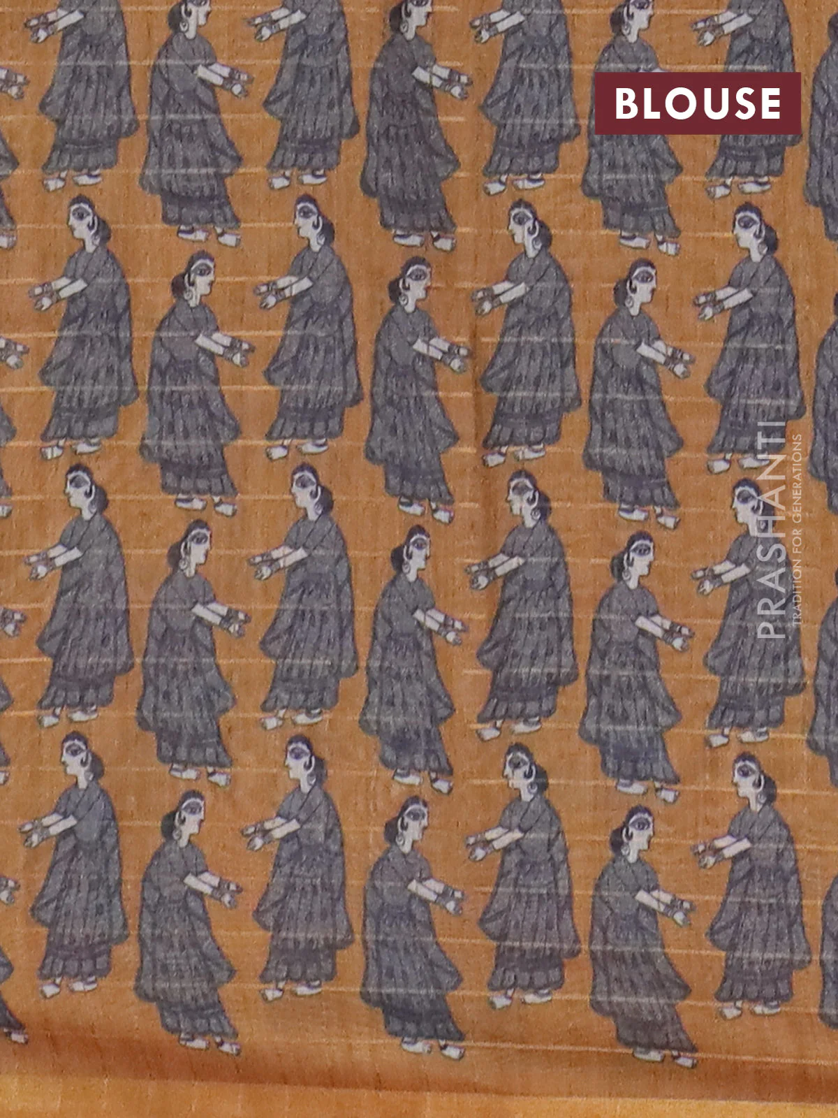 Semi chanderi saree grey and dark mustard with allover zari woven checked pattern and madhubani printed pallu - Image 4