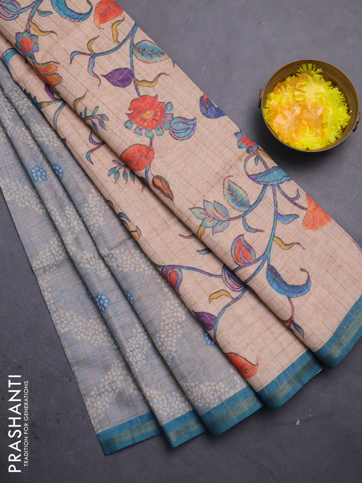 Semi chanderi saree grey and sandal with allover zari woven checked pattern & bandhani prints and printed pallu