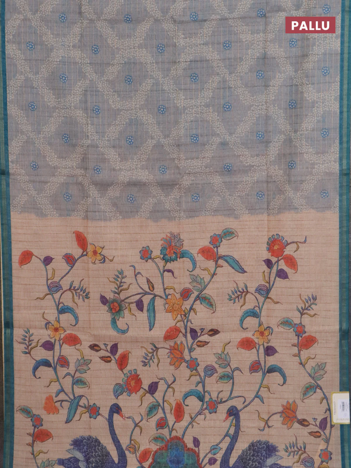 Semi chanderi saree grey and sandal with allover zari woven checked pattern & bandhani prints and printed pallu - Image 3