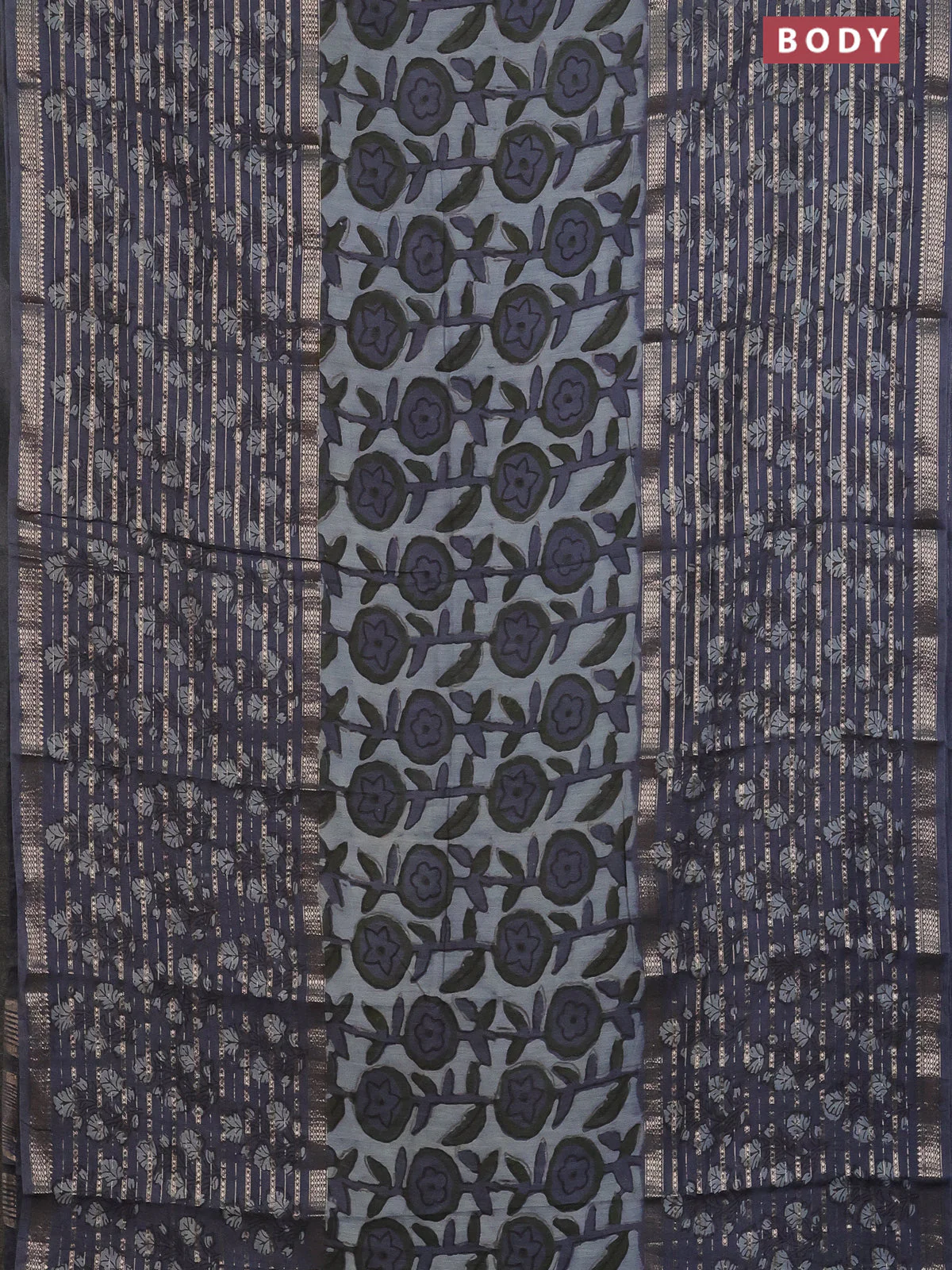 Semi chanderi saree grey shade and grey with allover ajrakh prints and long printed zari border - Image 2